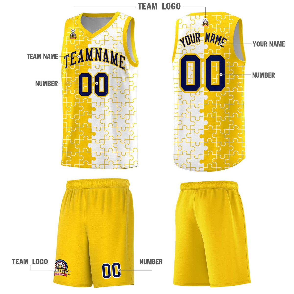 Custom Youth Basketball Jersey Gold White Puzzle Pattern Add Name, Number &amp; Team Logo