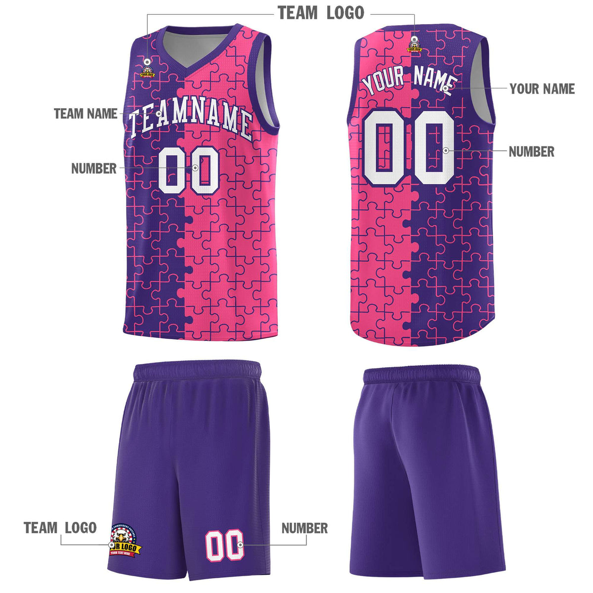 Custom Youth Basketball Jersey Purple Pink Puzzle Pattern Breathable Team Uniform