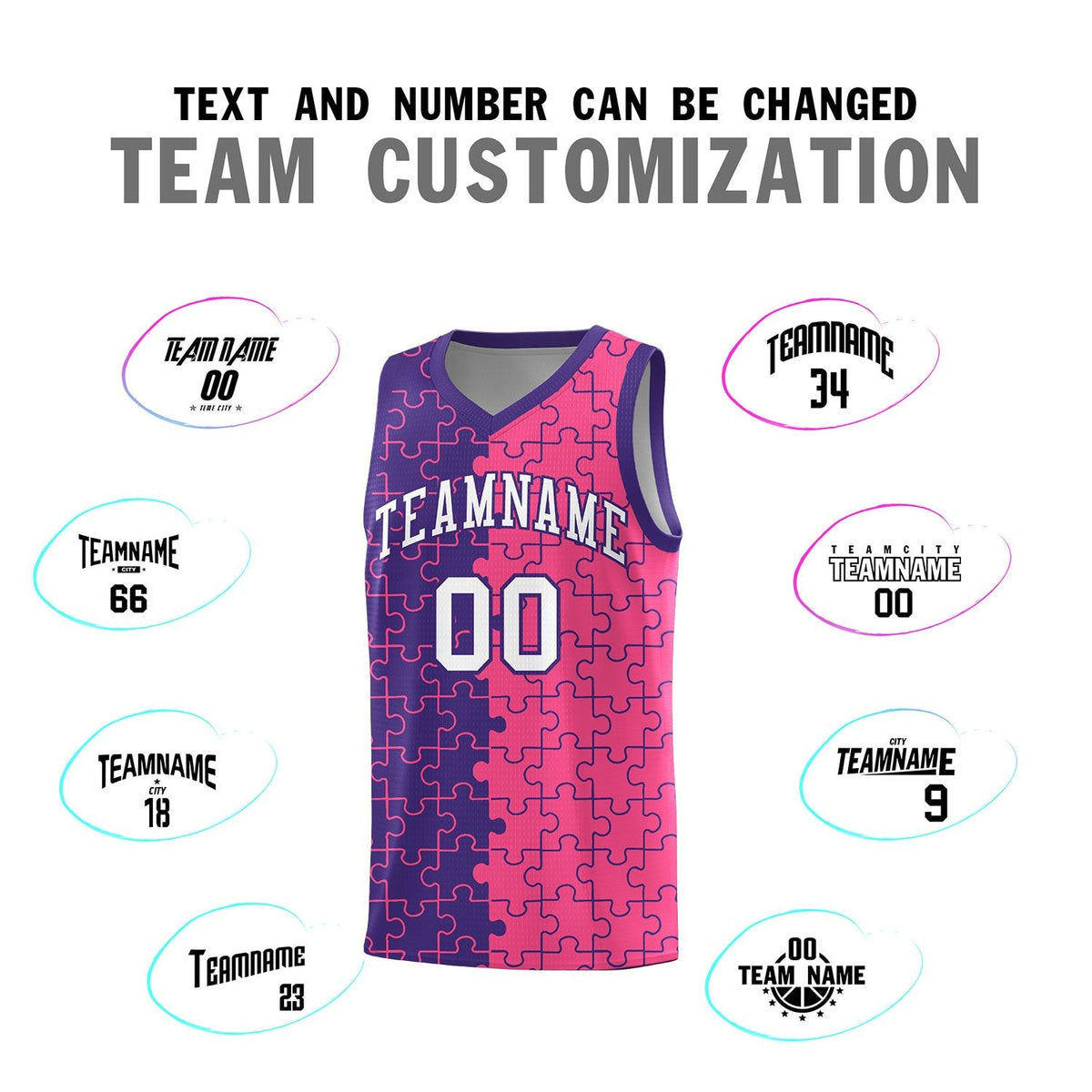 Custom Youth Basketball Jersey Purple Pink Puzzle Pattern Breathable Team Uniform