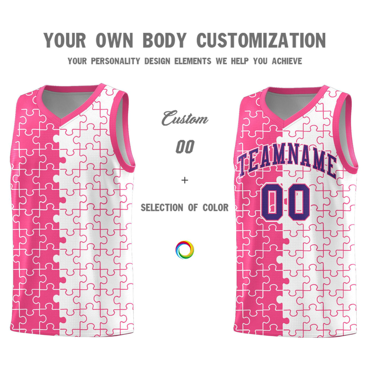 Custom Youth Basketball Jersey Pink White Puzzle Pattern Moisture-Wicking Team Uniform
