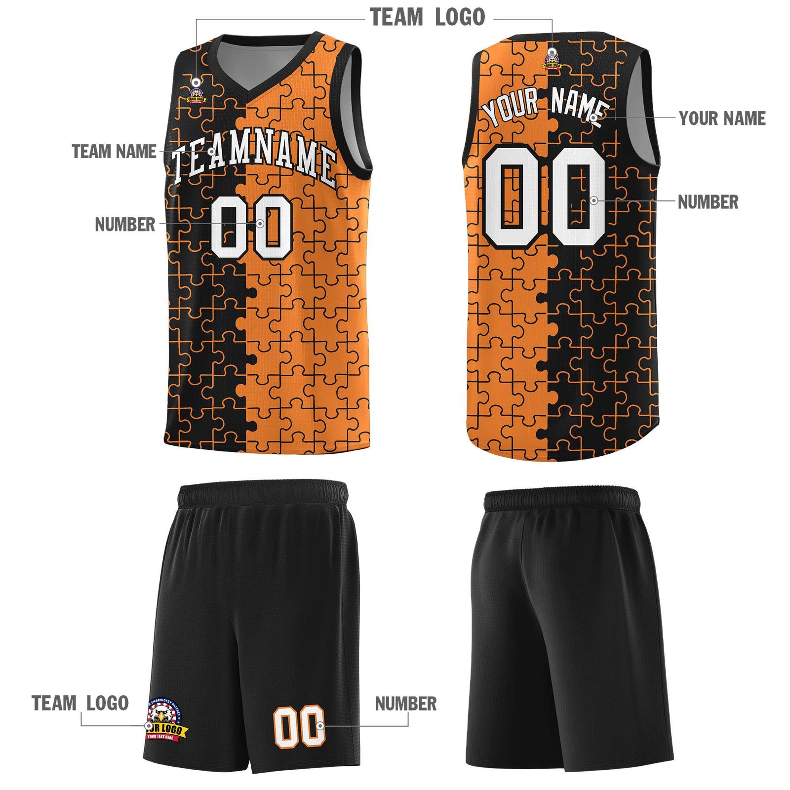Custom Youth Basketball Jersey Black Gold Orange Puzzle Pattern Add Name, Number & Team Logo