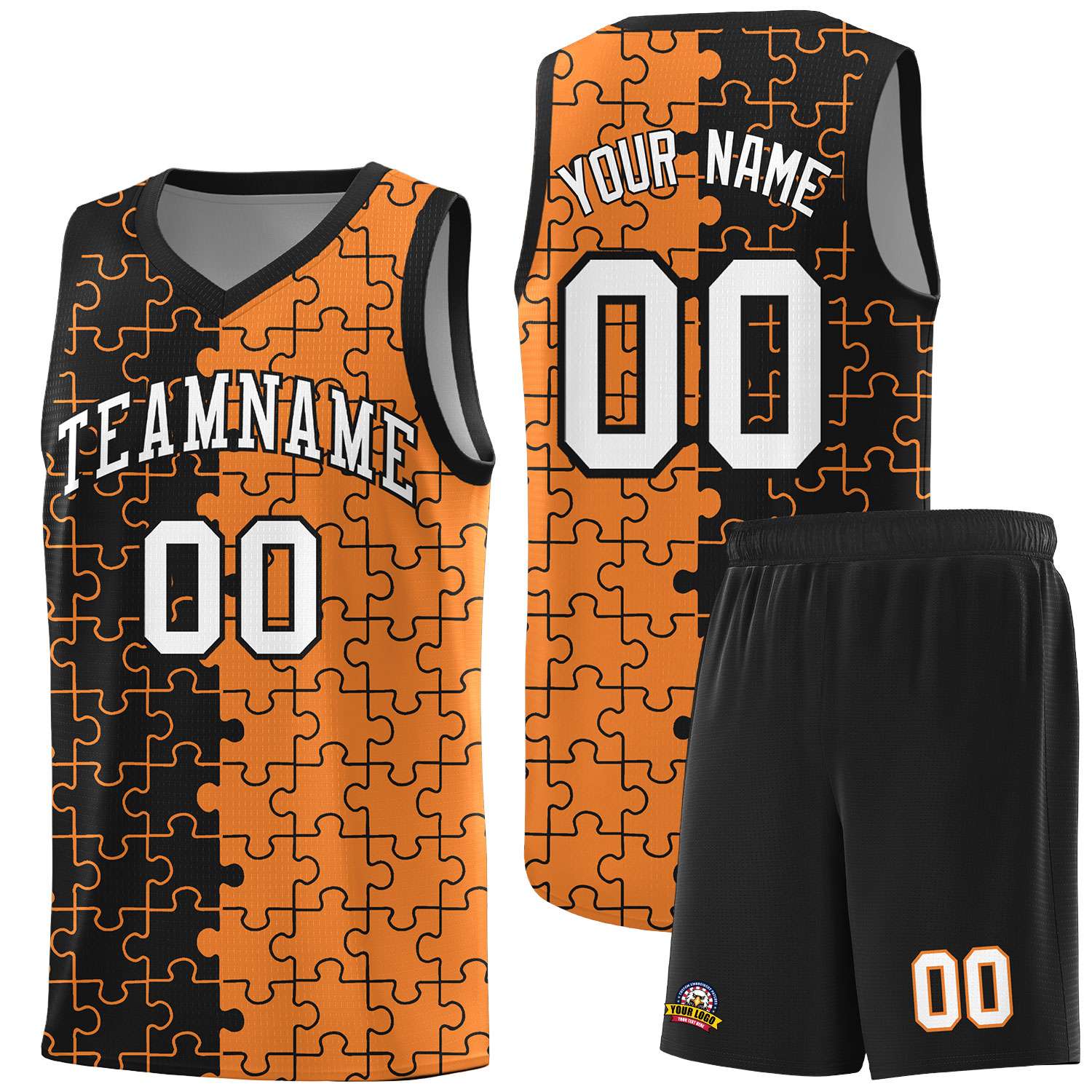 Custom Youth Basketball Jersey Black Gold Orange Puzzle Pattern Add Name, Number & Team Logo