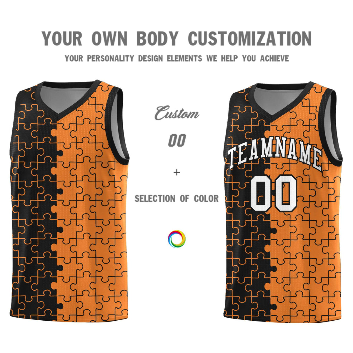 Custom Youth Basketball Jersey Black Gold Orange Puzzle Pattern Add Name, Number &amp; Team Logo