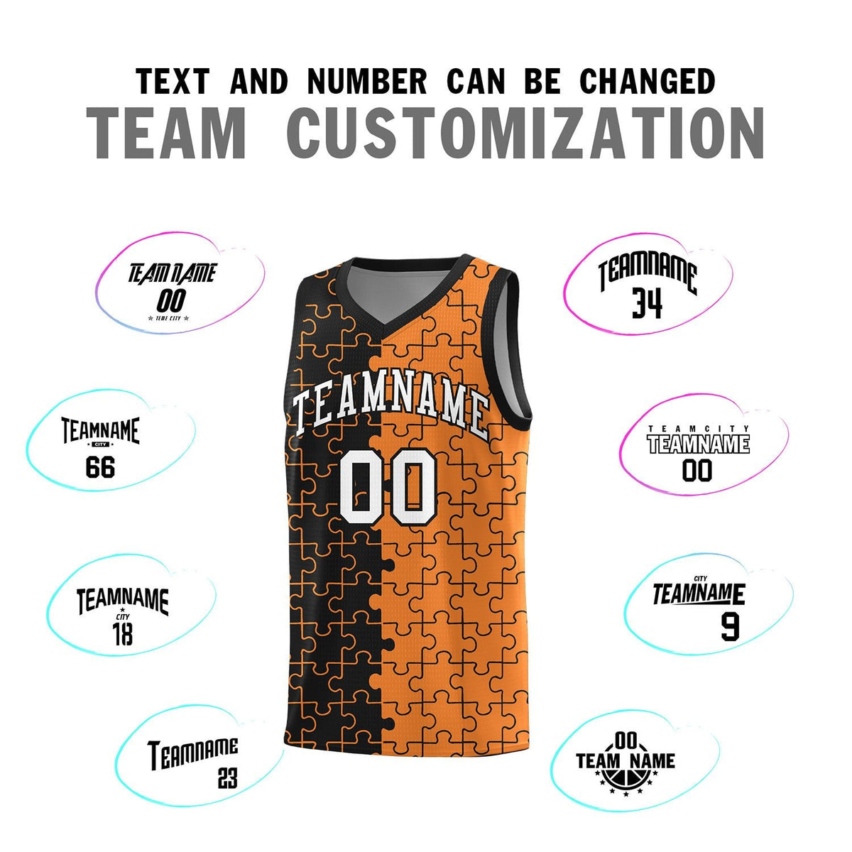 Custom Youth Basketball Jersey Black Gold Orange Puzzle Pattern Add Name, Number &amp; Team Logo