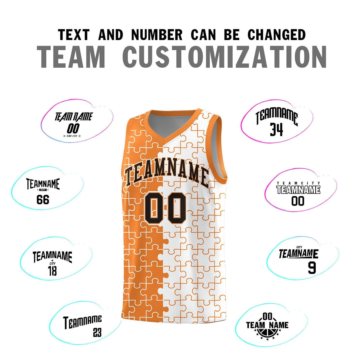 Custom Youth Basketball Jersey Gold Orange White Puzzle Pattern Breathable Team Uniform