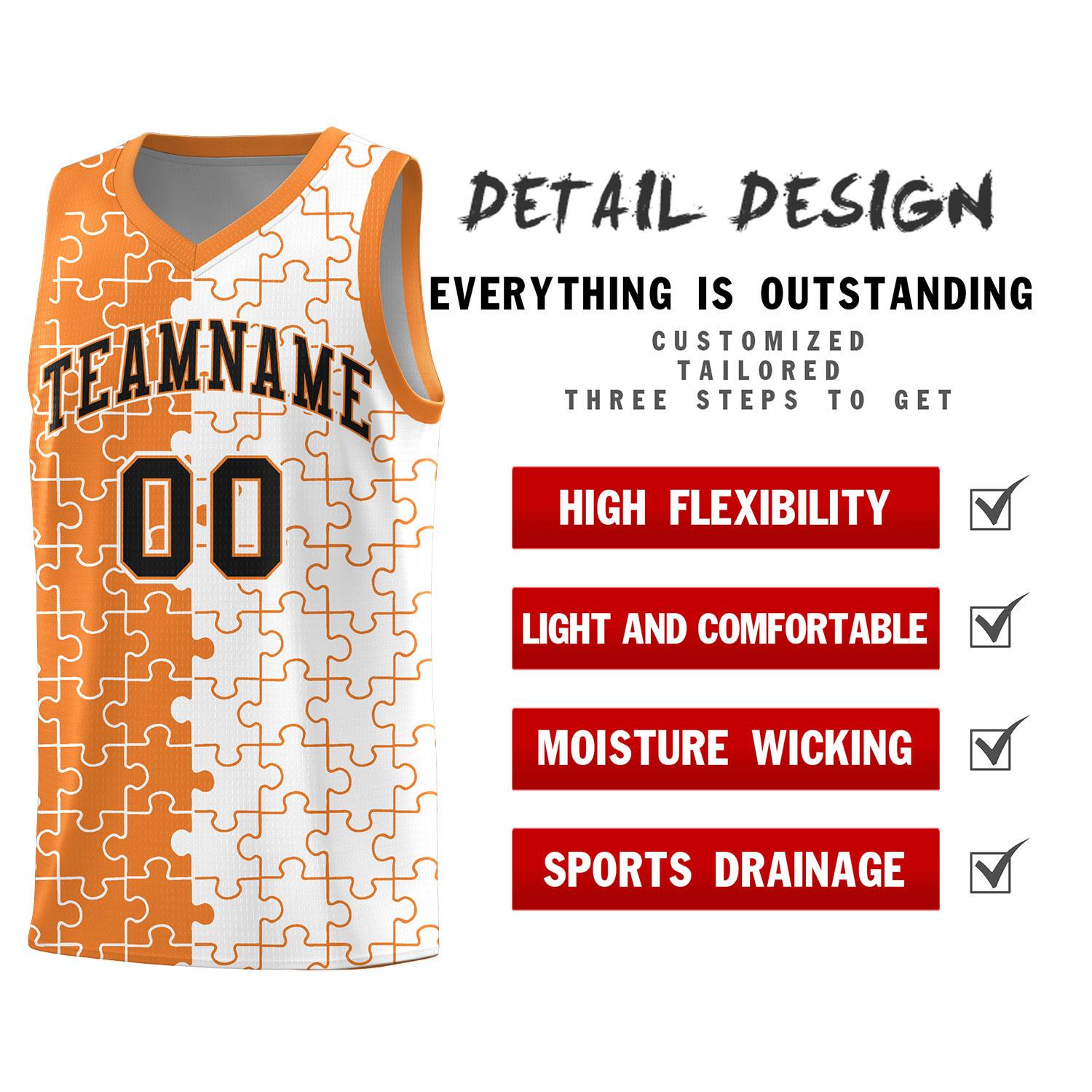 Custom Youth Basketball Jersey Gold Orange White Puzzle Pattern Breathable Team Uniform