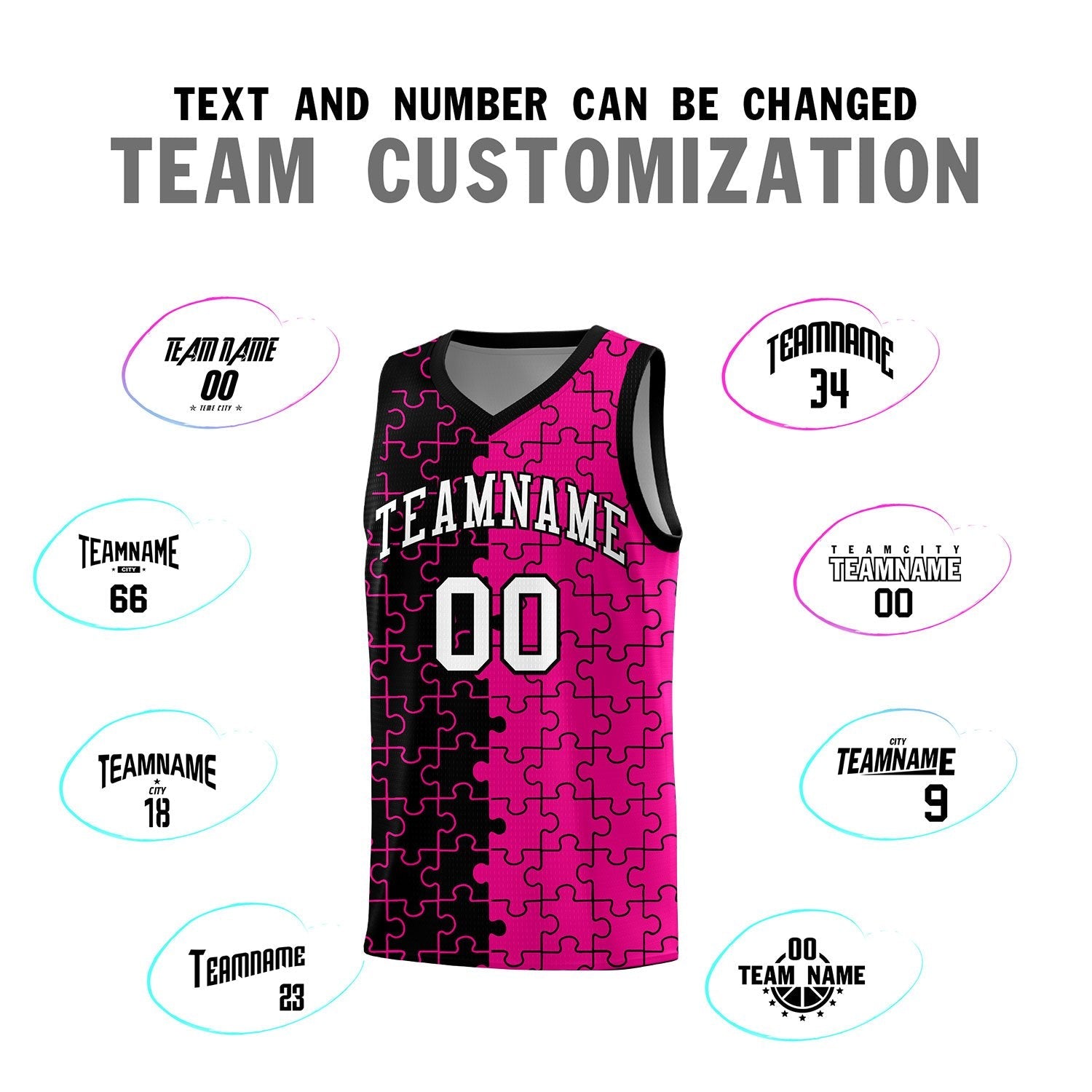 Custom Youth Basketball Jersey Black Pink Puzzle Pattern Moisture-Wicking Team Uniform