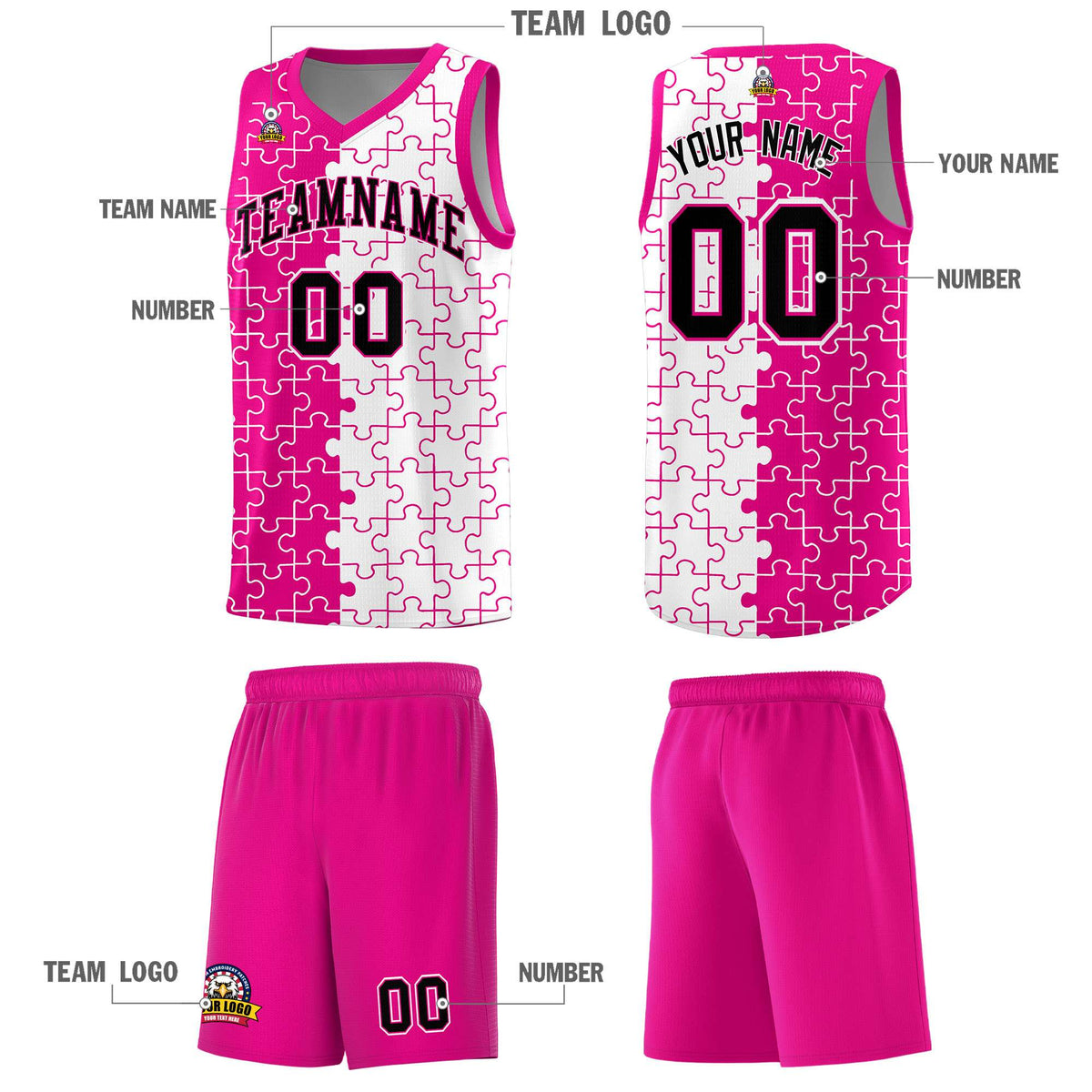Custom Youth Basketball Jersey Pink White Puzzle Pattern Personalized Team Uniform
