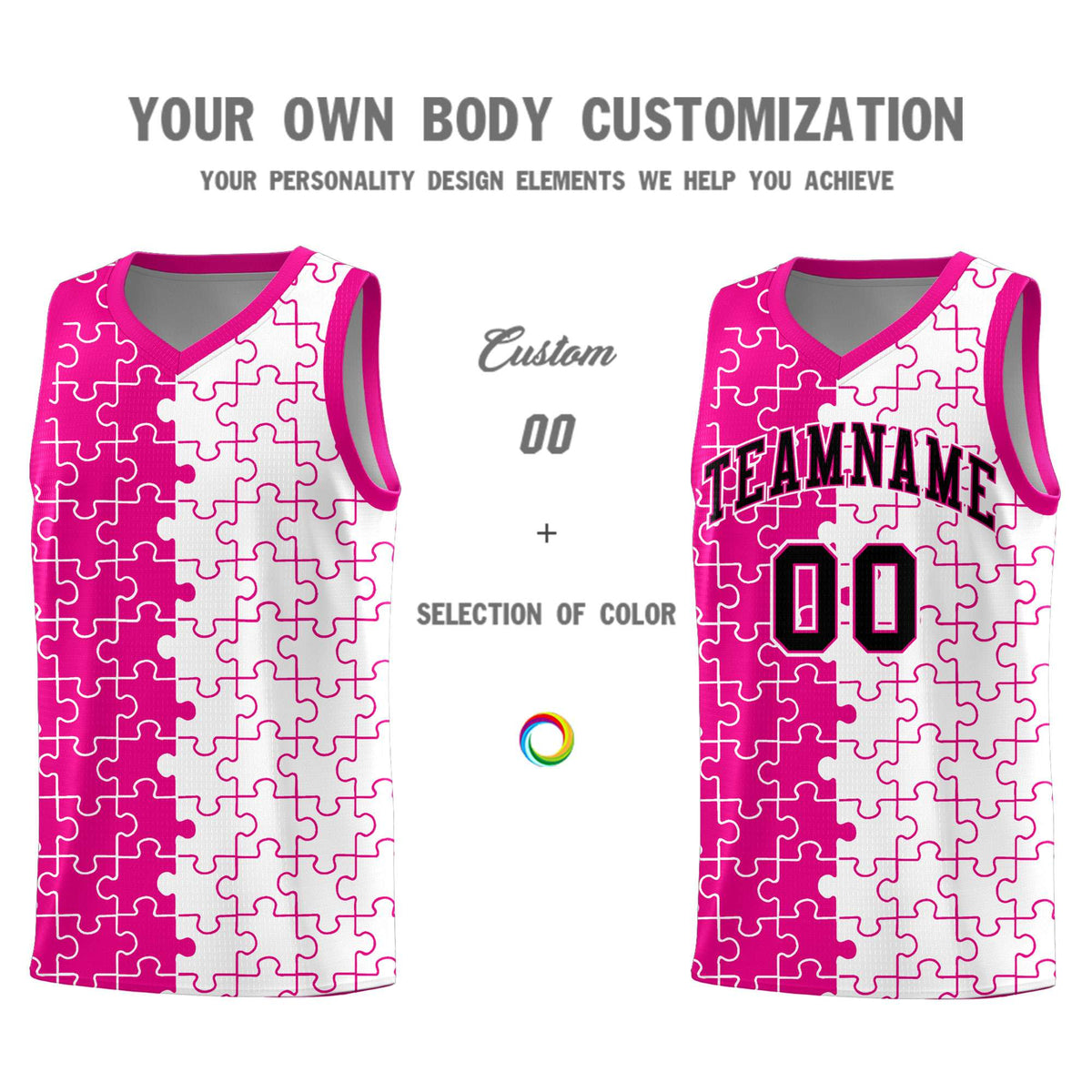 Custom Youth Basketball Jersey Pink White Puzzle Pattern Personalized Team Uniform