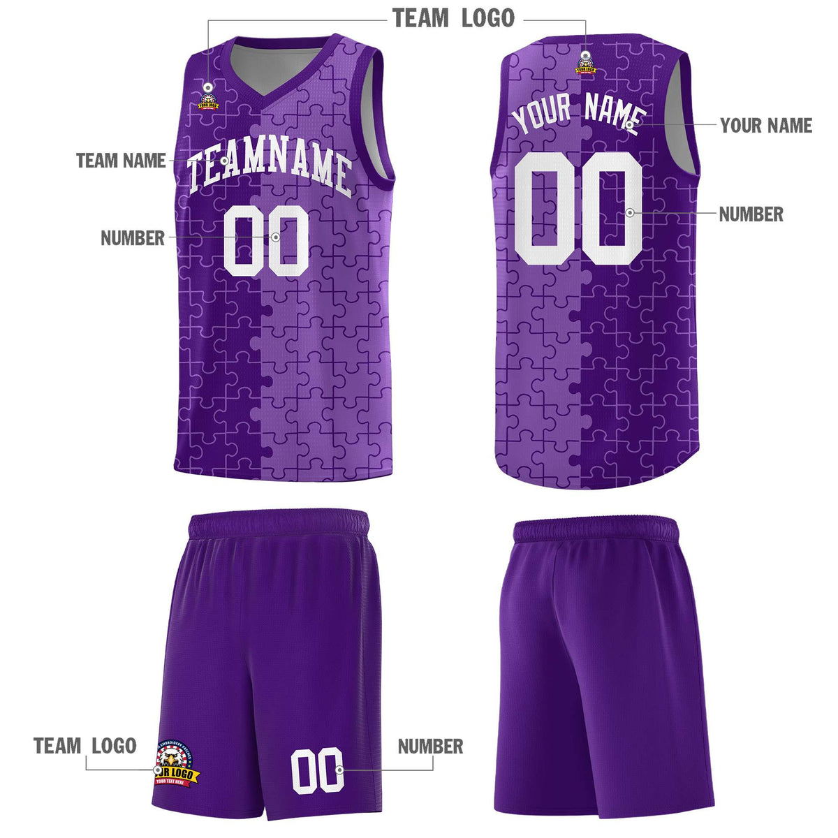 Custom Youth Basketball Jersey Purple Light Purple Puzzle Pattern Add Name, Number &amp; Team Logo