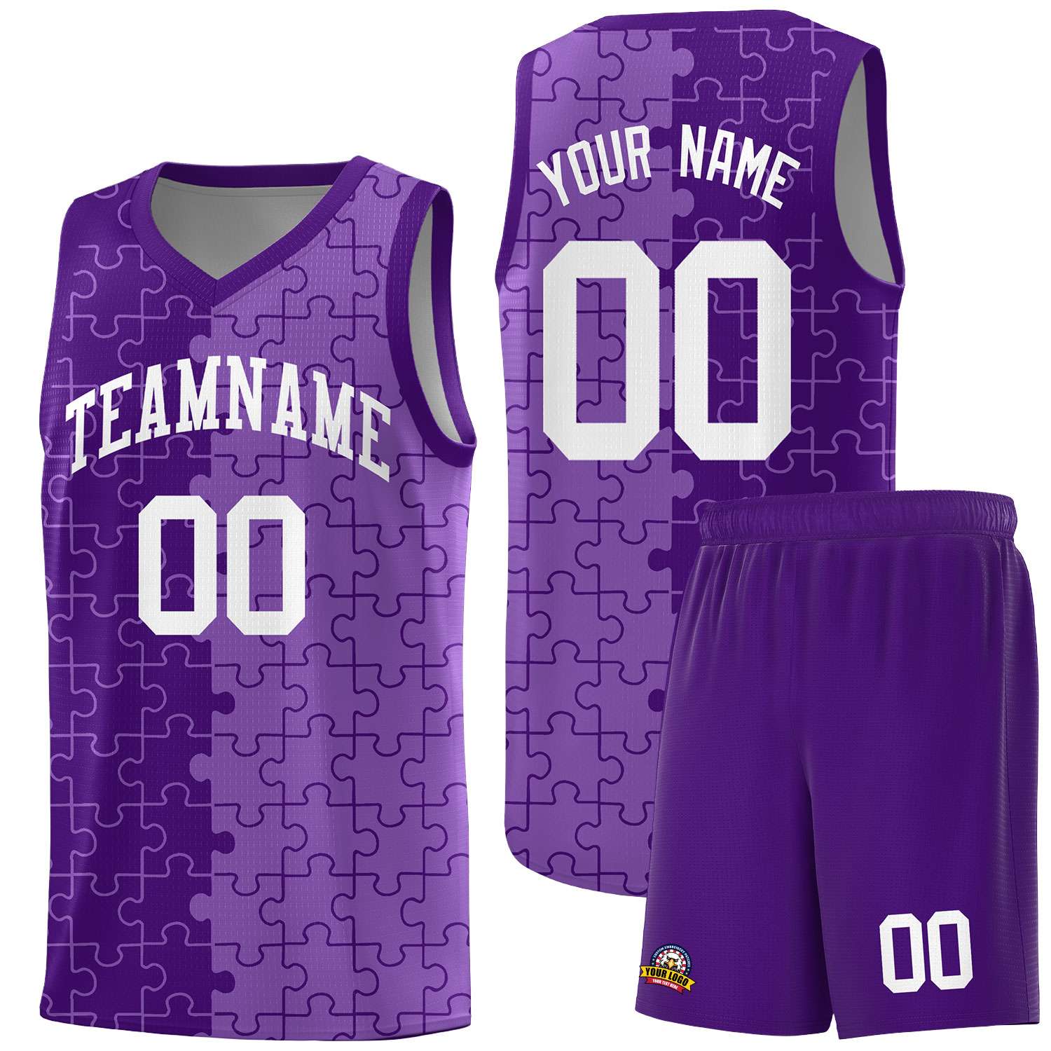 Custom Youth Basketball Jersey Purple Light Purple Puzzle Pattern Add Name, Number & Team Logo