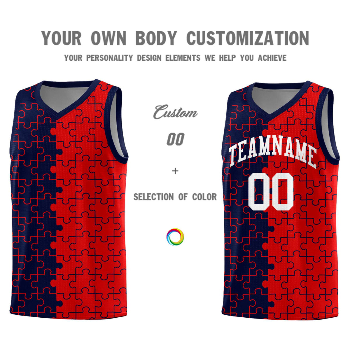 Custom Youth Basketball Jersey Navy Red Puzzle Pattern Personalized Team Uniform