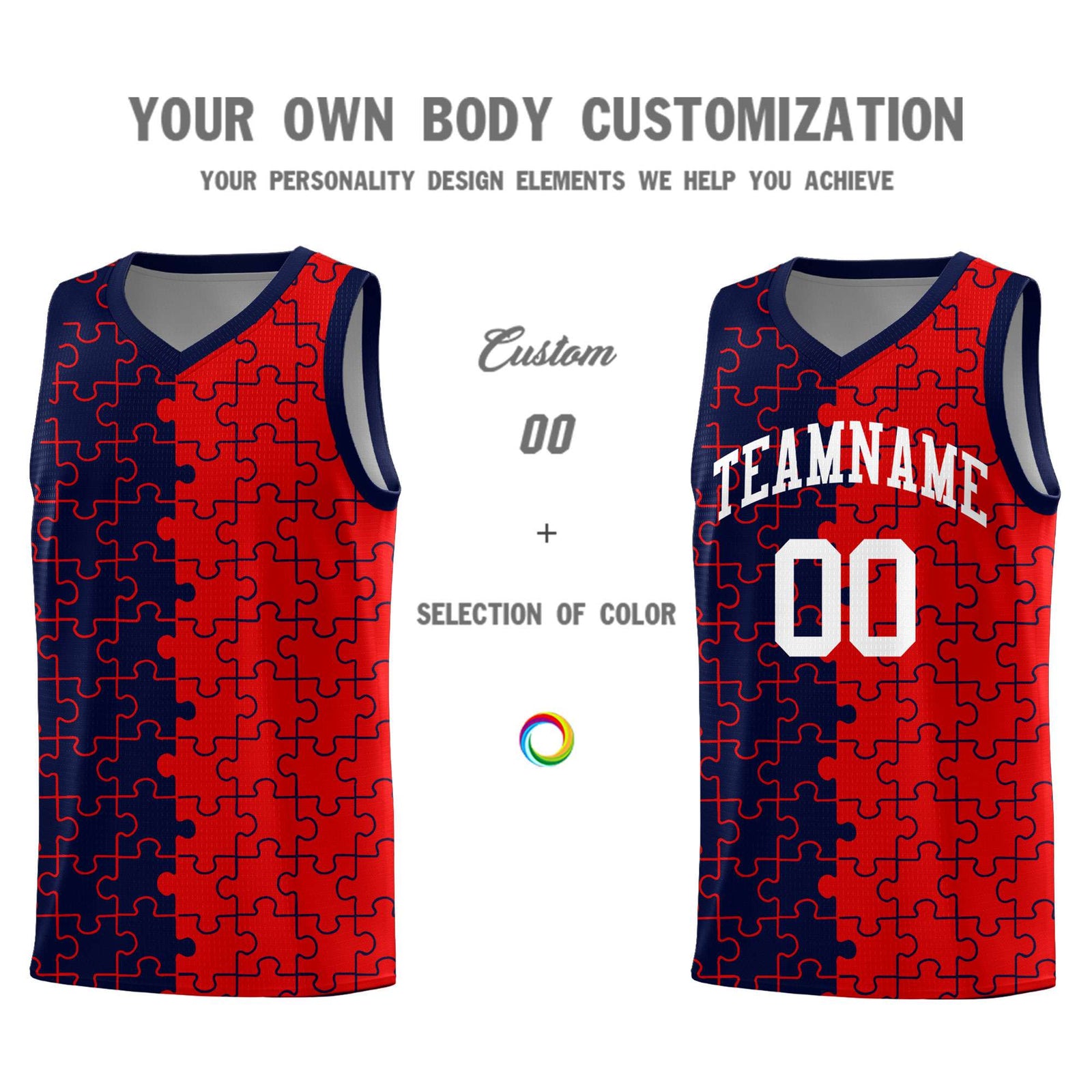 Custom Youth Basketball Jersey Navy Red Puzzle Pattern Personalized Team Uniform