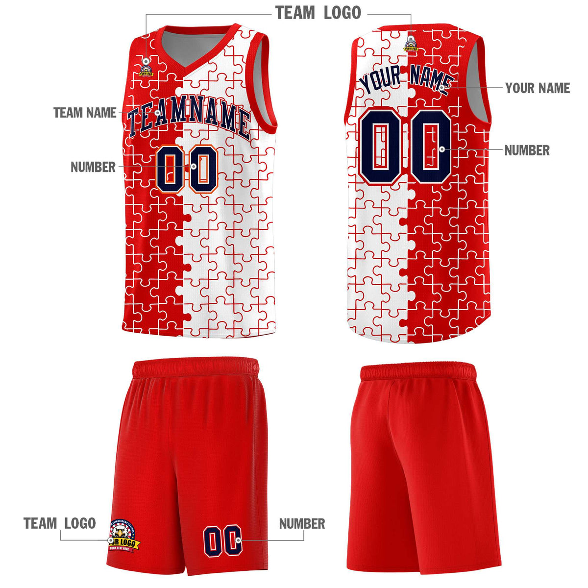 Custom Youth Basketball Jersey Red White Puzzle Pattern Add Name, Number &amp; Team Logo
