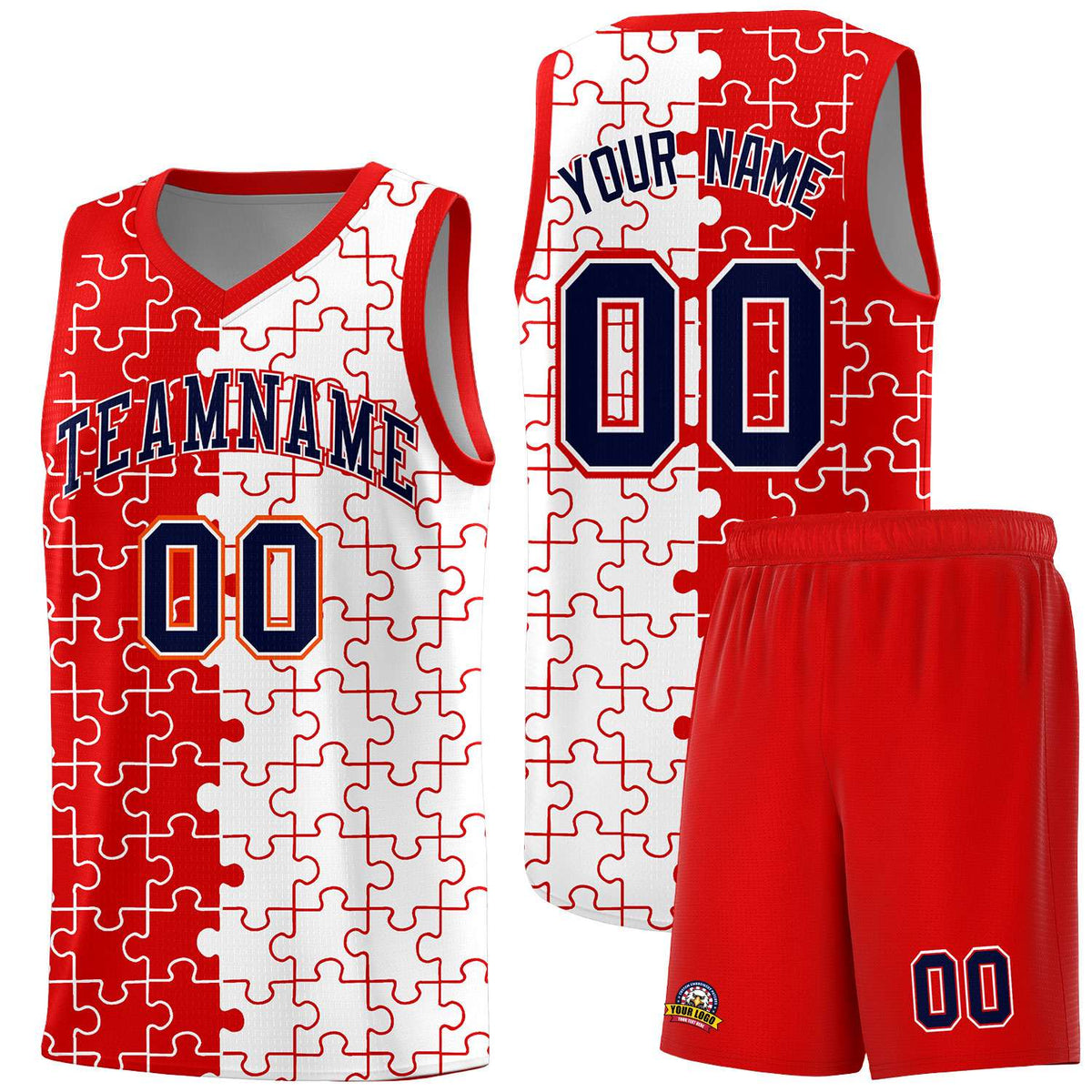 Custom Youth Basketball Jersey Red White Puzzle Pattern Add Name, Number &amp; Team Logo