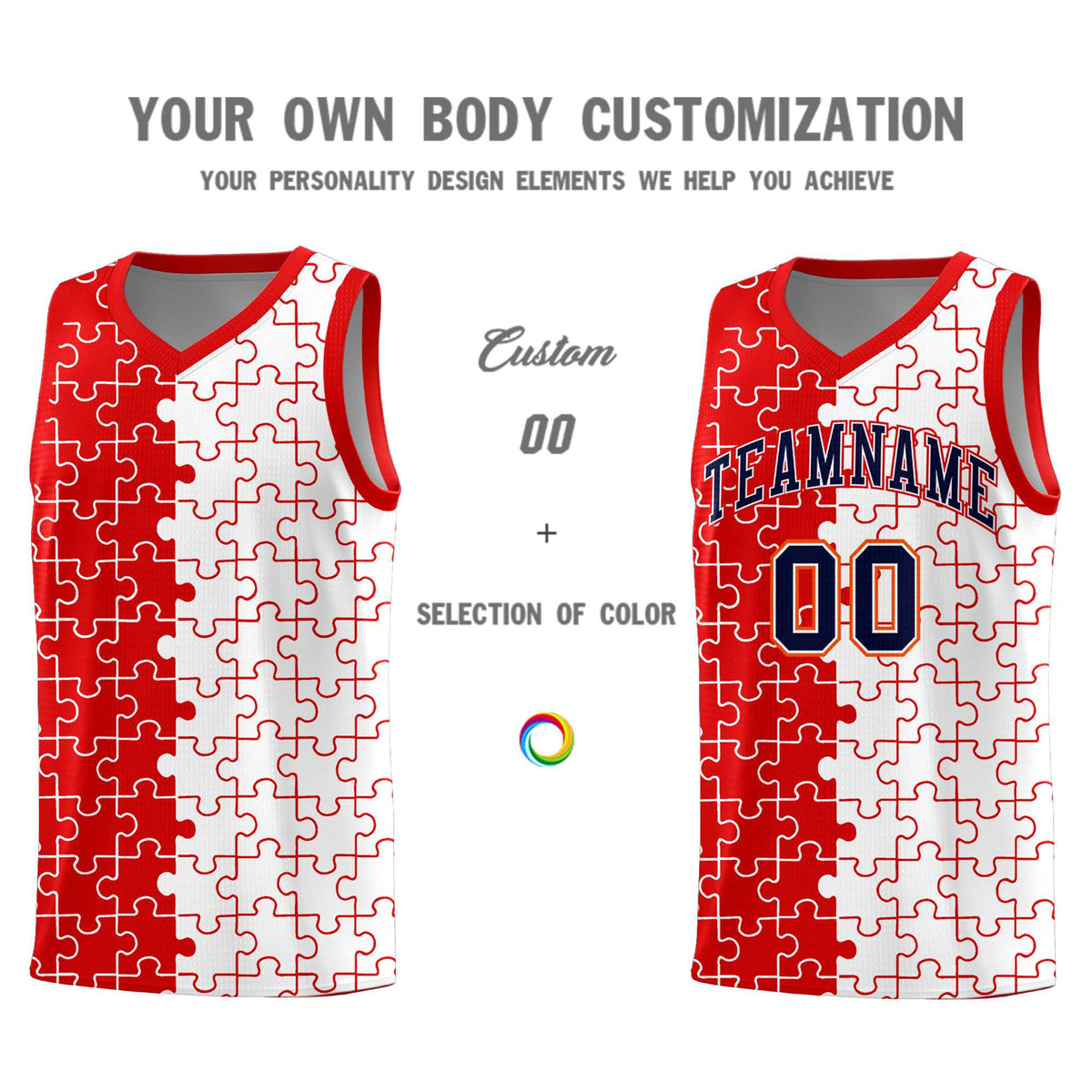 Custom Youth Basketball Jersey Red White Puzzle Pattern Add Name, Number &amp; Team Logo