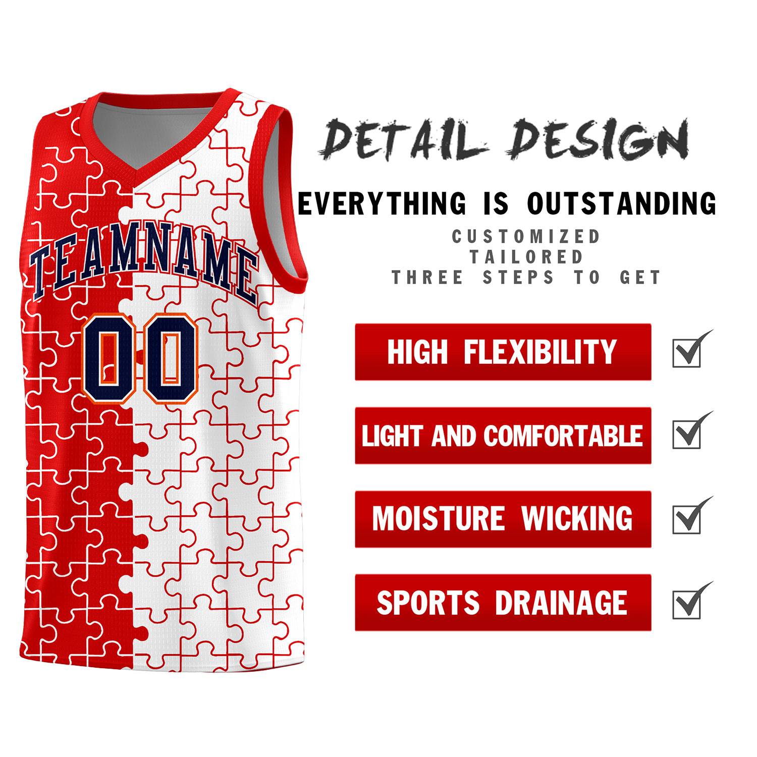 Custom Youth Basketball Jersey Red White Puzzle Pattern Add Name, Number & Team Logo