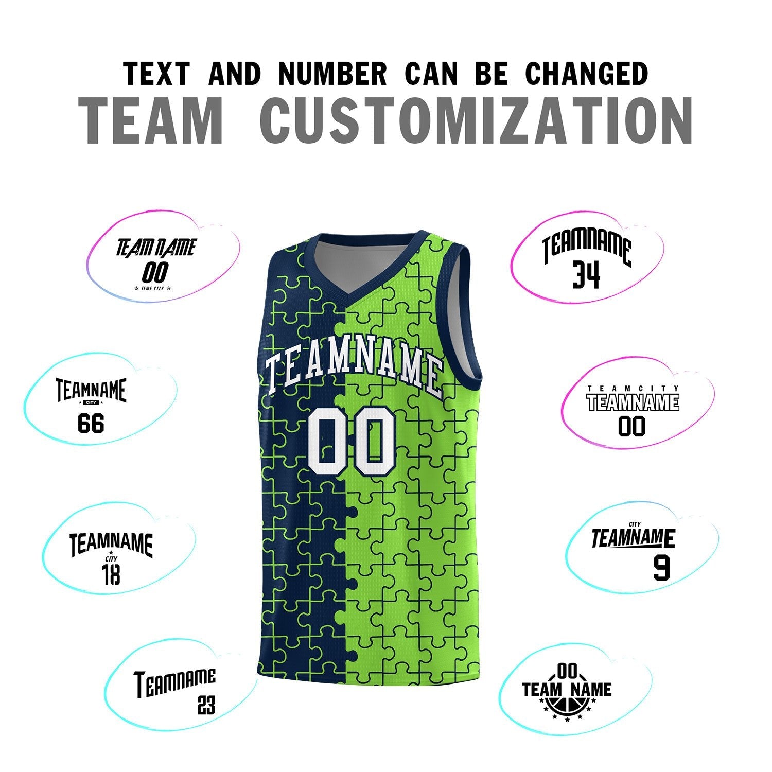 Custom Youth Basketball Jersey Navy Fluorescent Green Puzzle Pattern Moisture-Wicking Team Uniform