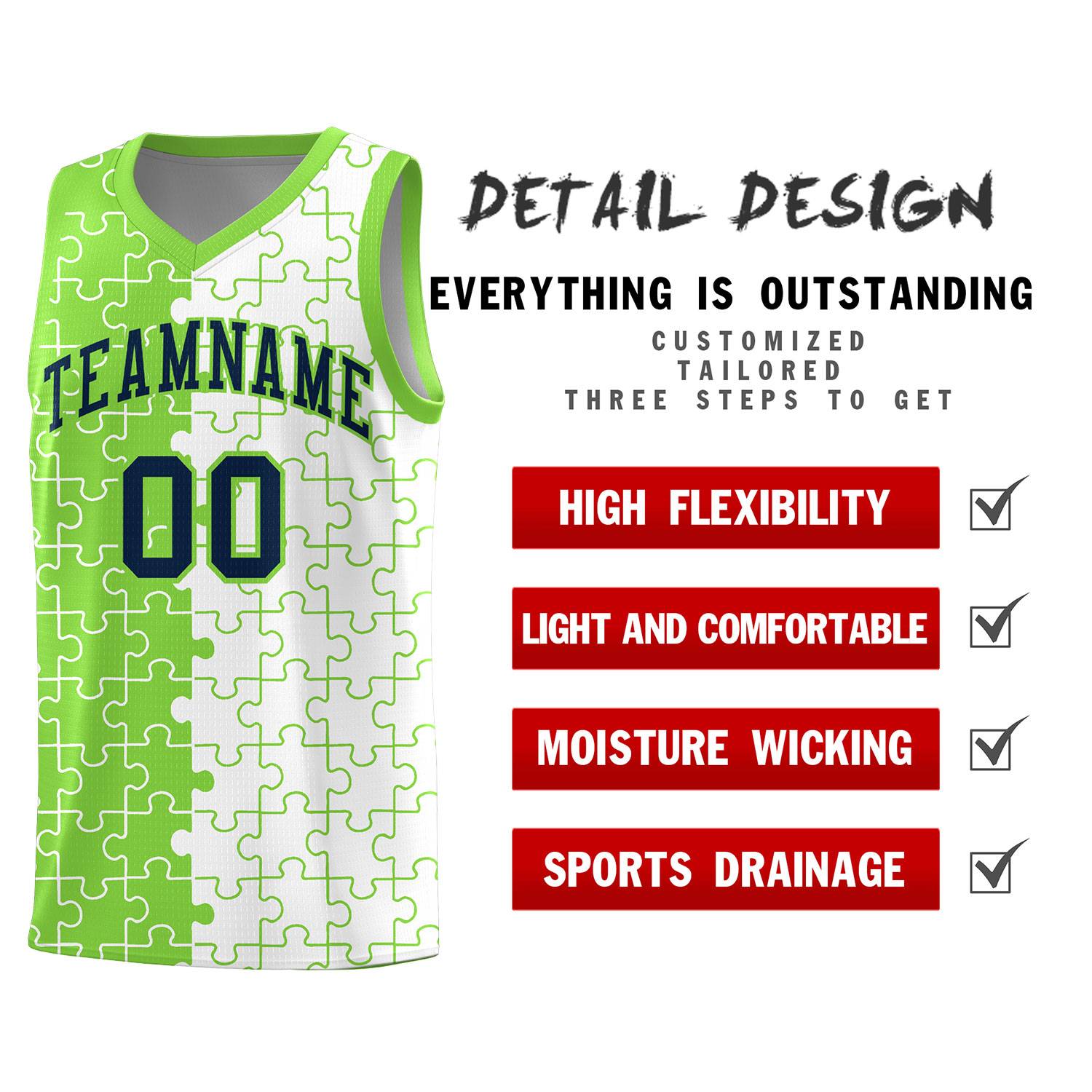 Custom Youth Basketball Jersey Fluorescent Green White Puzzle Pattern Personalized Team Uniform