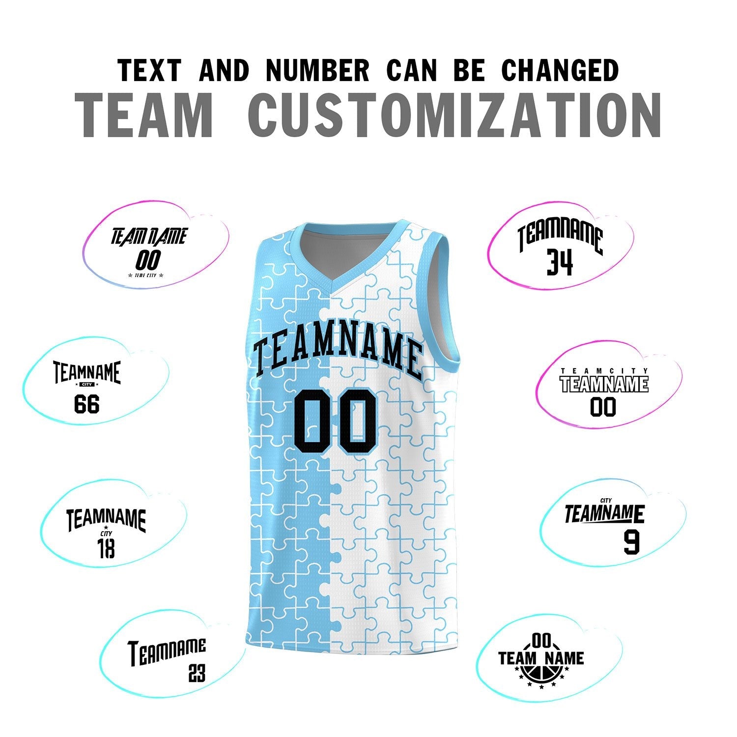 Custom Youth Basketball Jersey Light Blue White Puzzle Pattern Breathable Team Uniform