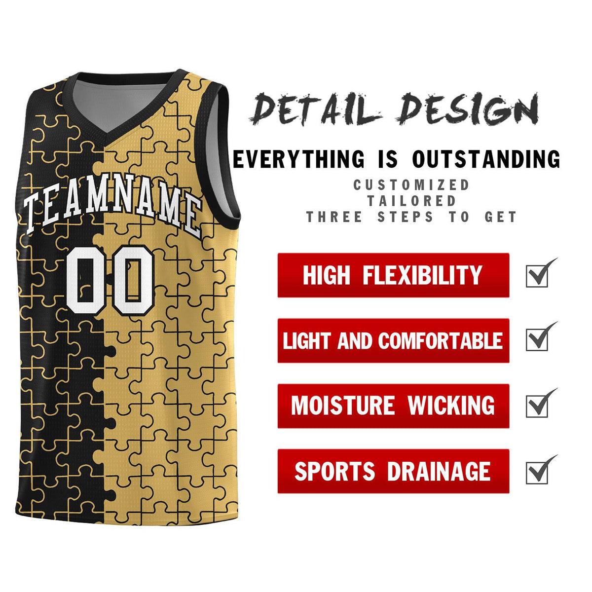Custom Youth Basketball Jersey Black Old Gold Puzzle Pattern Moisture-Wicking Team Uniform