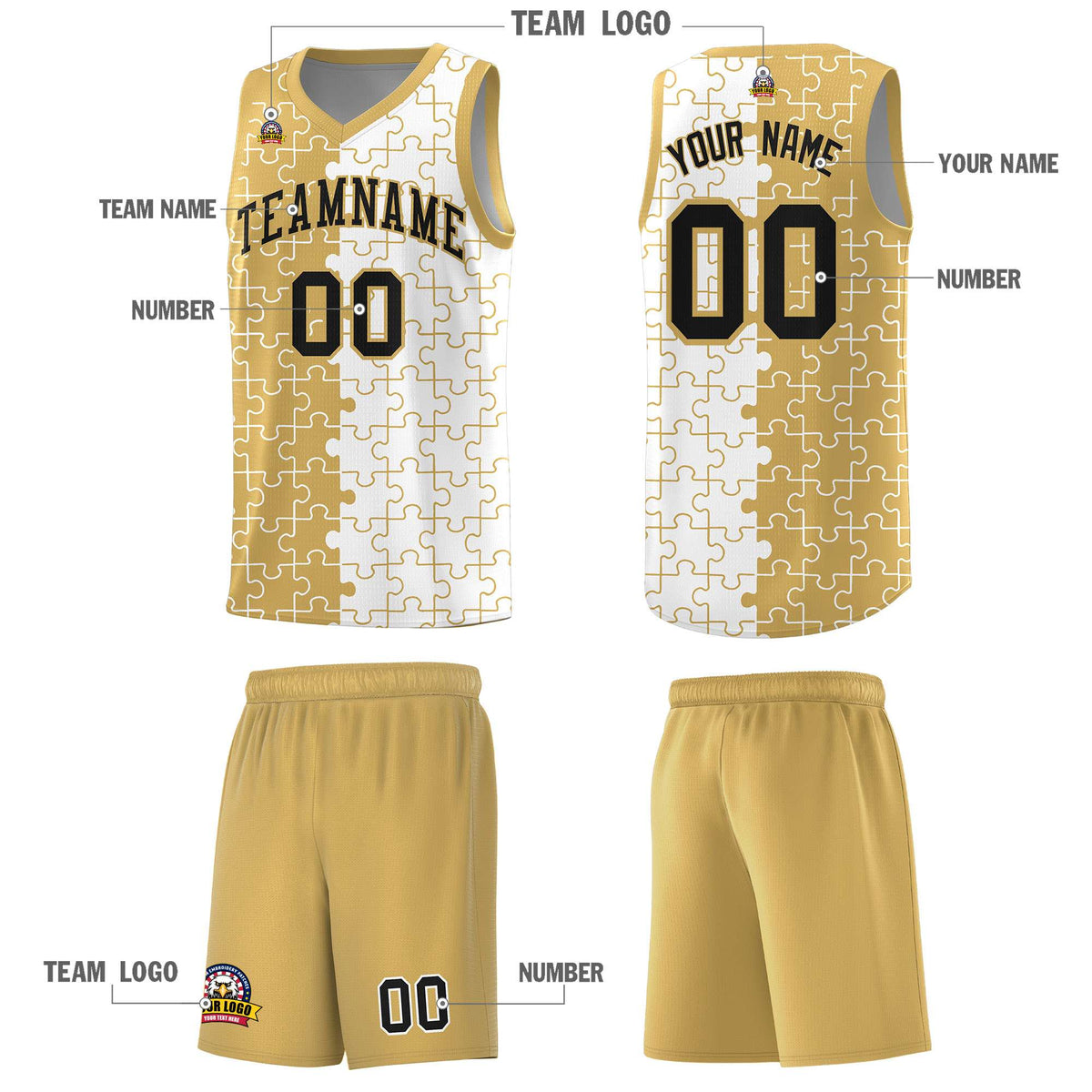 Custom Youth Basketball Jersey Old Gold White Puzzle Pattern Personalized Team Uniform