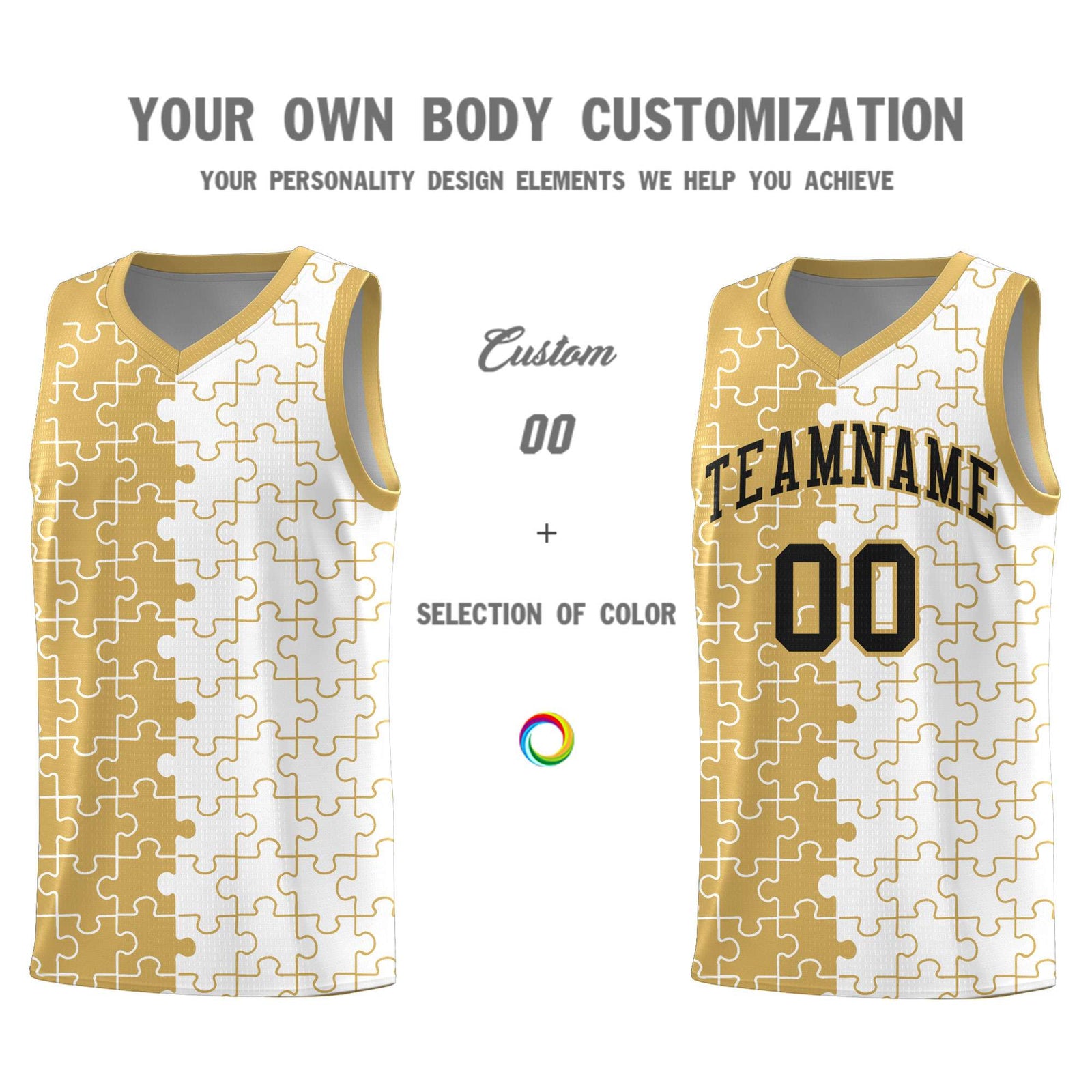 Custom Youth Basketball Jersey Old Gold White Puzzle Pattern Personalized Team Uniform