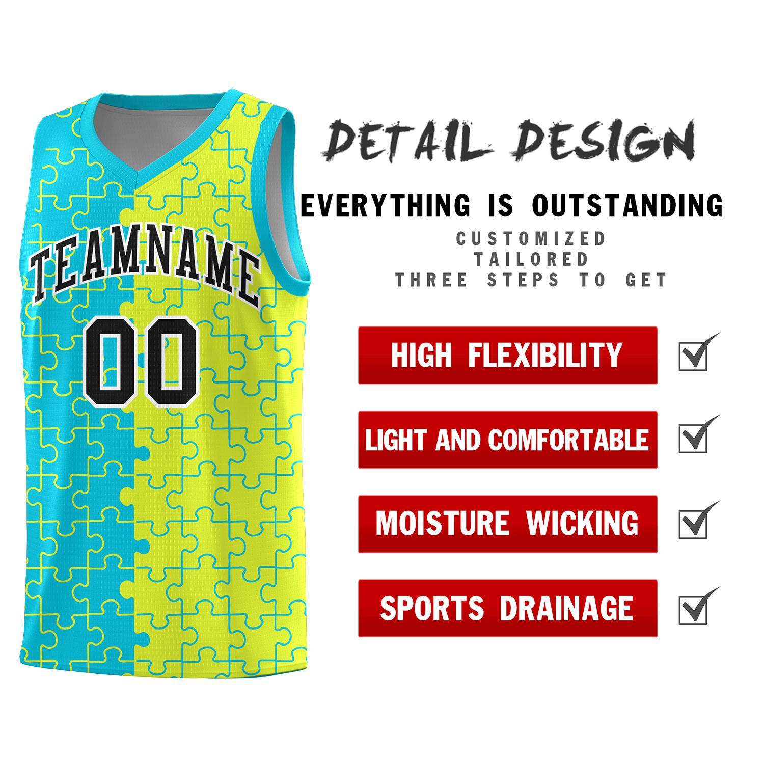 Custom Youth Basketball Jersey Sky Blue Fluorescent Green Puzzle Pattern Personalized Team Uniform
