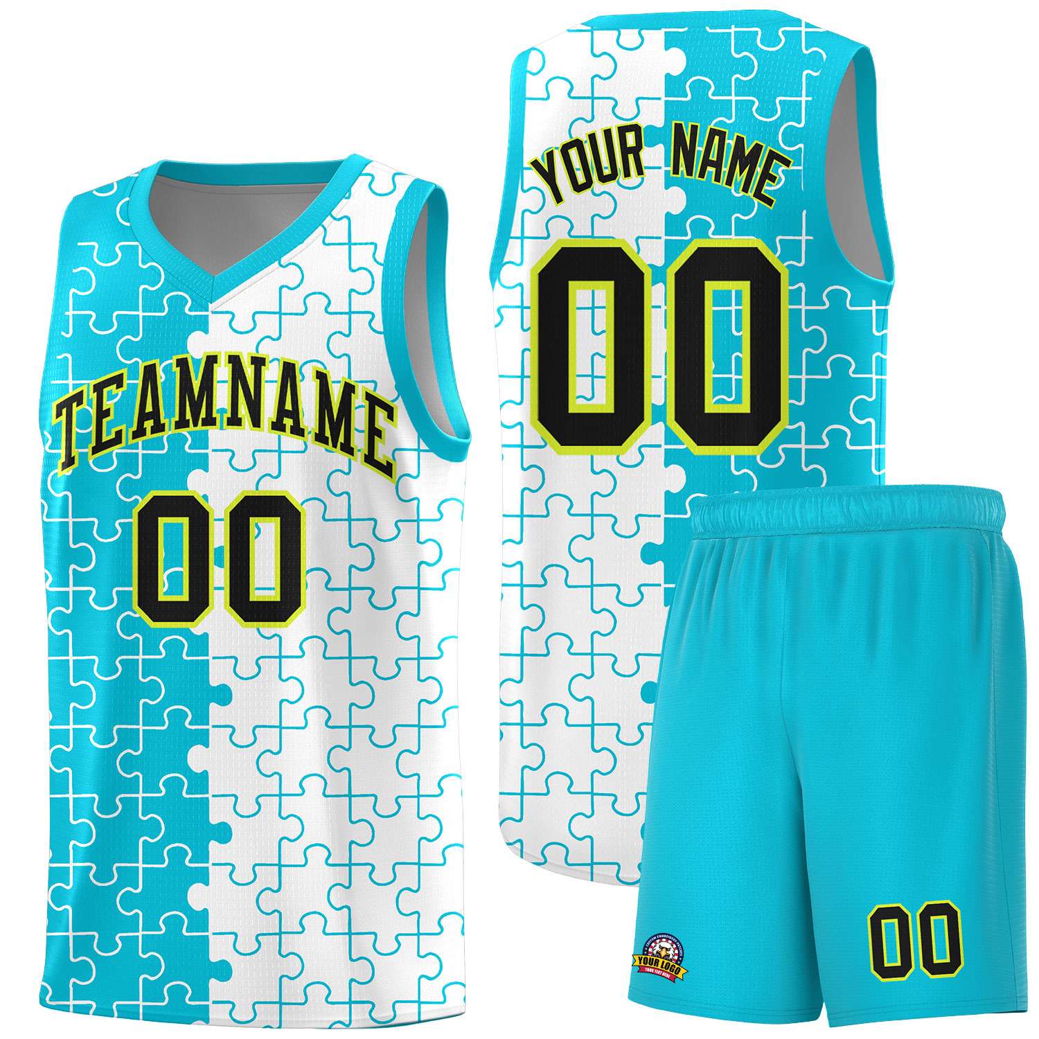 Custom Youth Basketball Jersey Sky Blue White Puzzle Pattern Breathable Team Uniform
