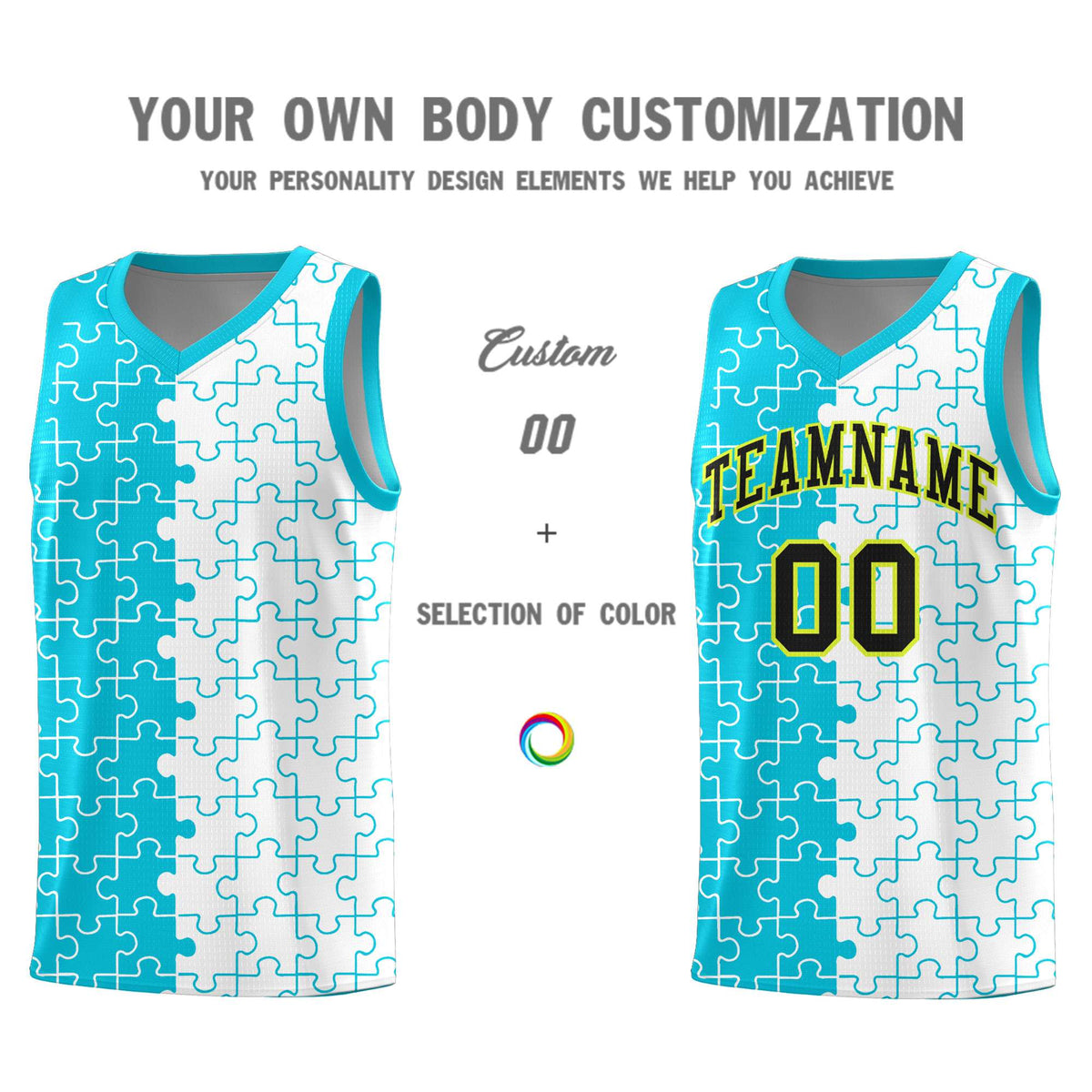 Custom Youth Basketball Jersey Sky Blue White Puzzle Pattern Breathable Team Uniform