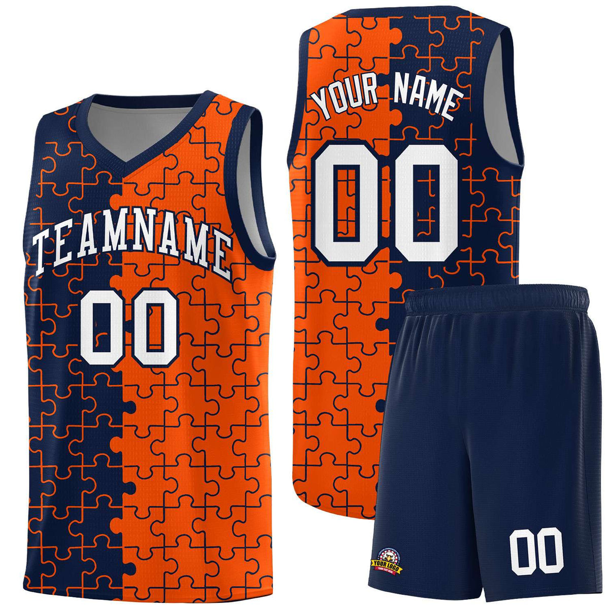 Custom Youth Basketball Jersey Navy Orange Puzzle Pattern Add Name, Number &amp; Team Logo