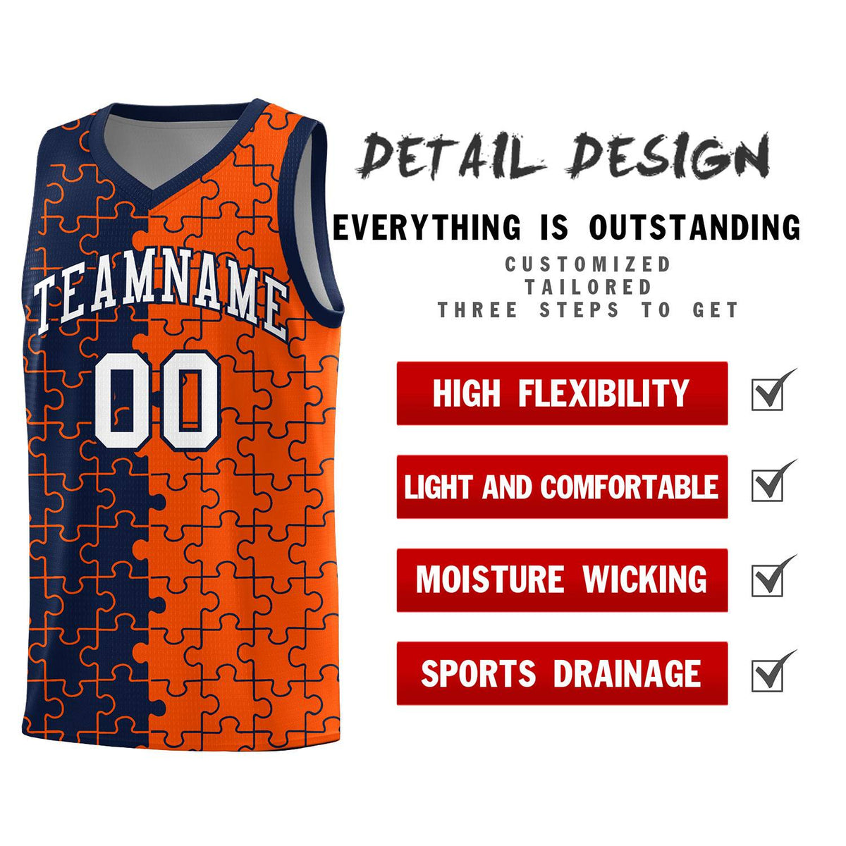 Custom Youth Basketball Jersey Navy Orange Puzzle Pattern Add Name, Number &amp; Team Logo