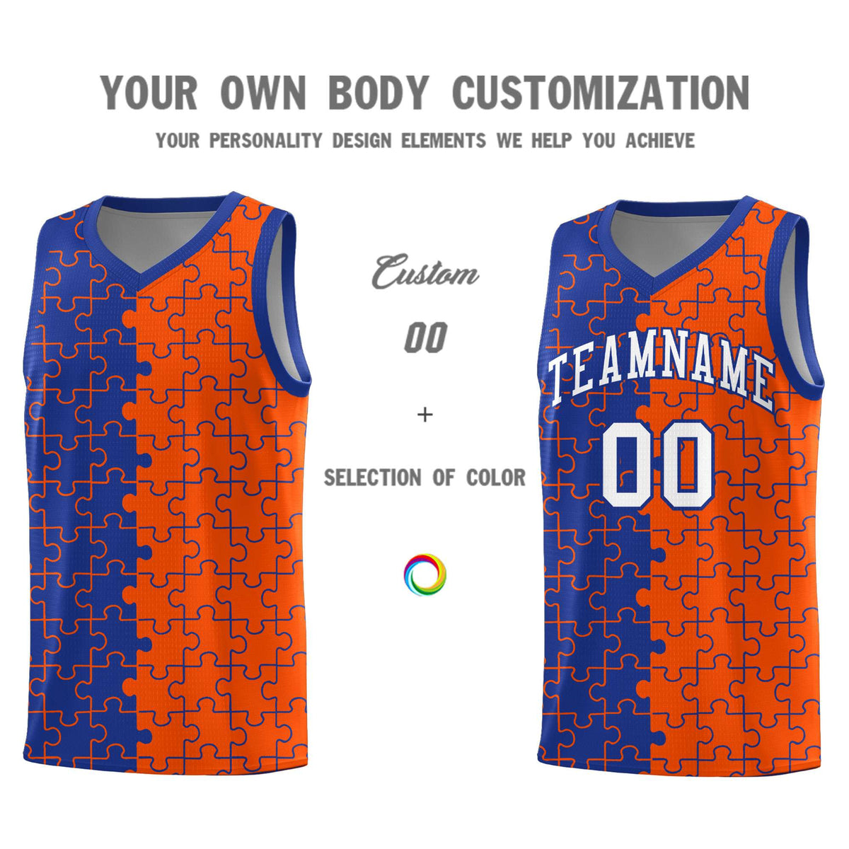 Custom Youth Basketball Jersey Royal Blue Orange Puzzle Pattern Breathable Team Uniform