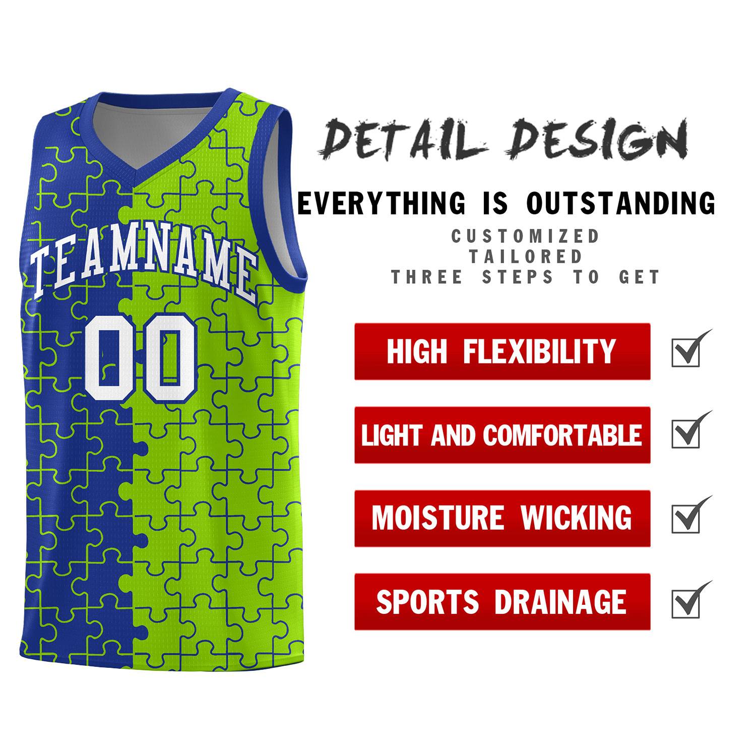Custom Youth Basketball Jersey Royal Blue Neon Green Puzzle Pattern Moisture-Wicking Team Uniform