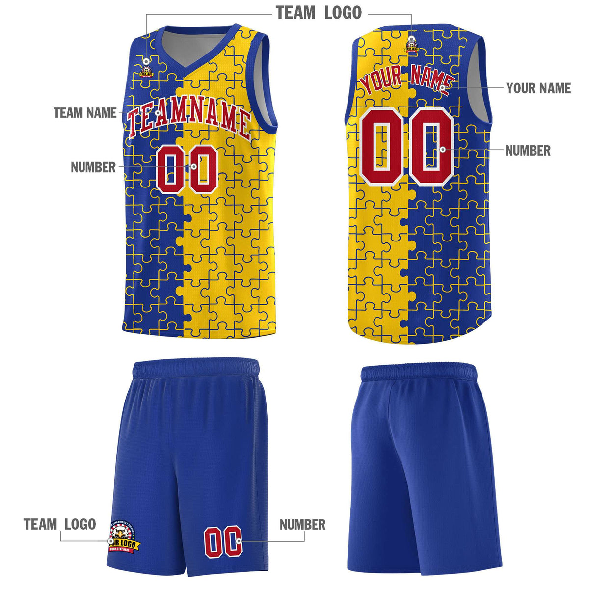 Custom Youth Basketball Jersey Royal Blue Gold Puzzle Pattern Add Name, Number &amp; Team Logo