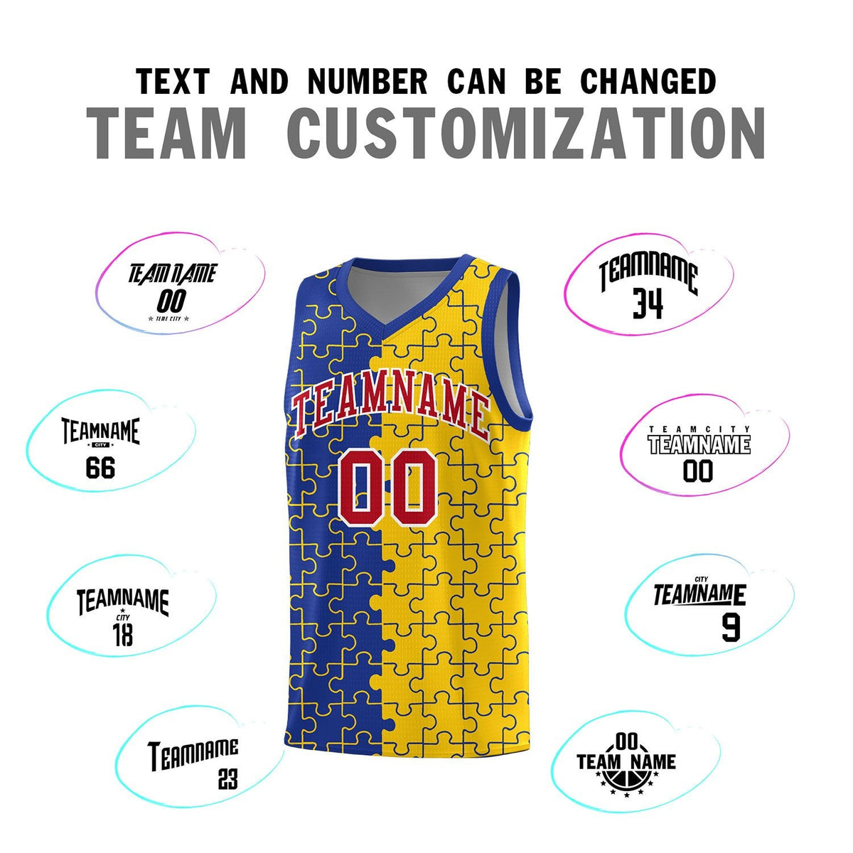 Custom Youth Basketball Jersey Royal Blue Gold Puzzle Pattern Add Name, Number &amp; Team Logo