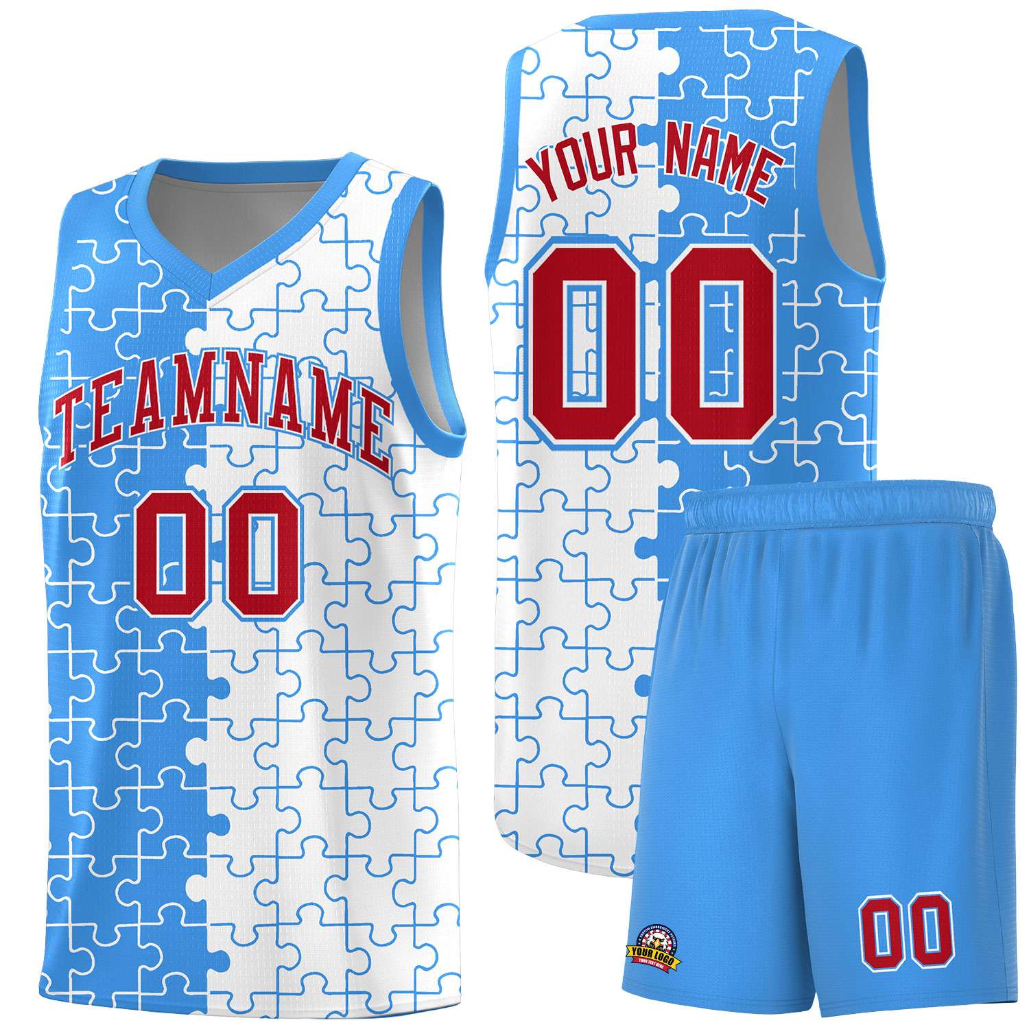 Custom Youth Basketball Jersey Light Blue White Puzzle Pattern Personalized Team Uniform
