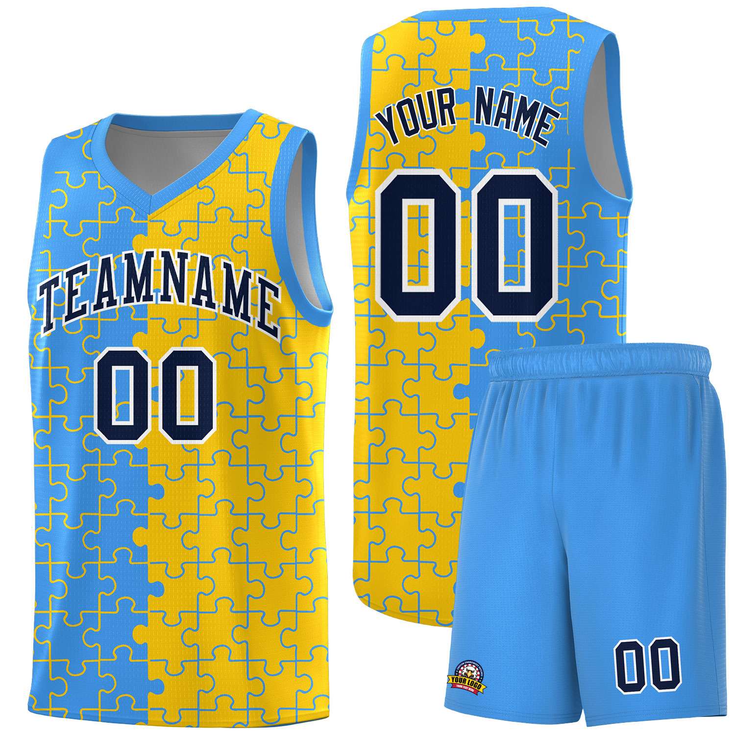 Custom Youth Basketball Jersey Light Blue Gold Puzzle Pattern Add Name, Number & Team Logo