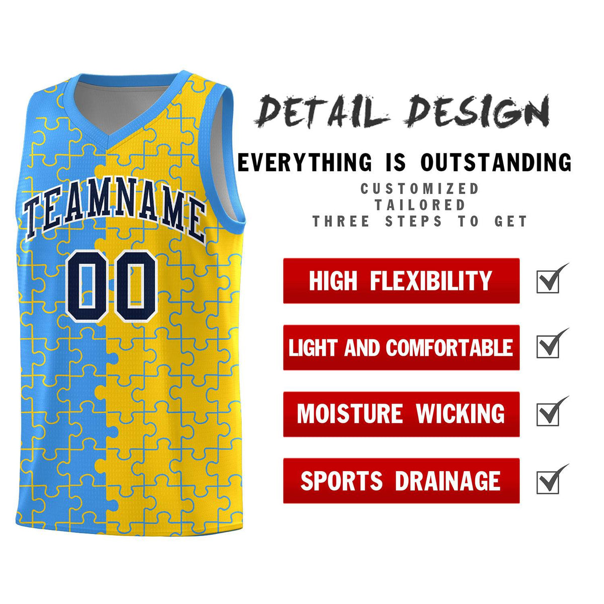 Custom Youth Basketball Jersey Light Blue Gold Puzzle Pattern Add Name, Number &amp; Team Logo