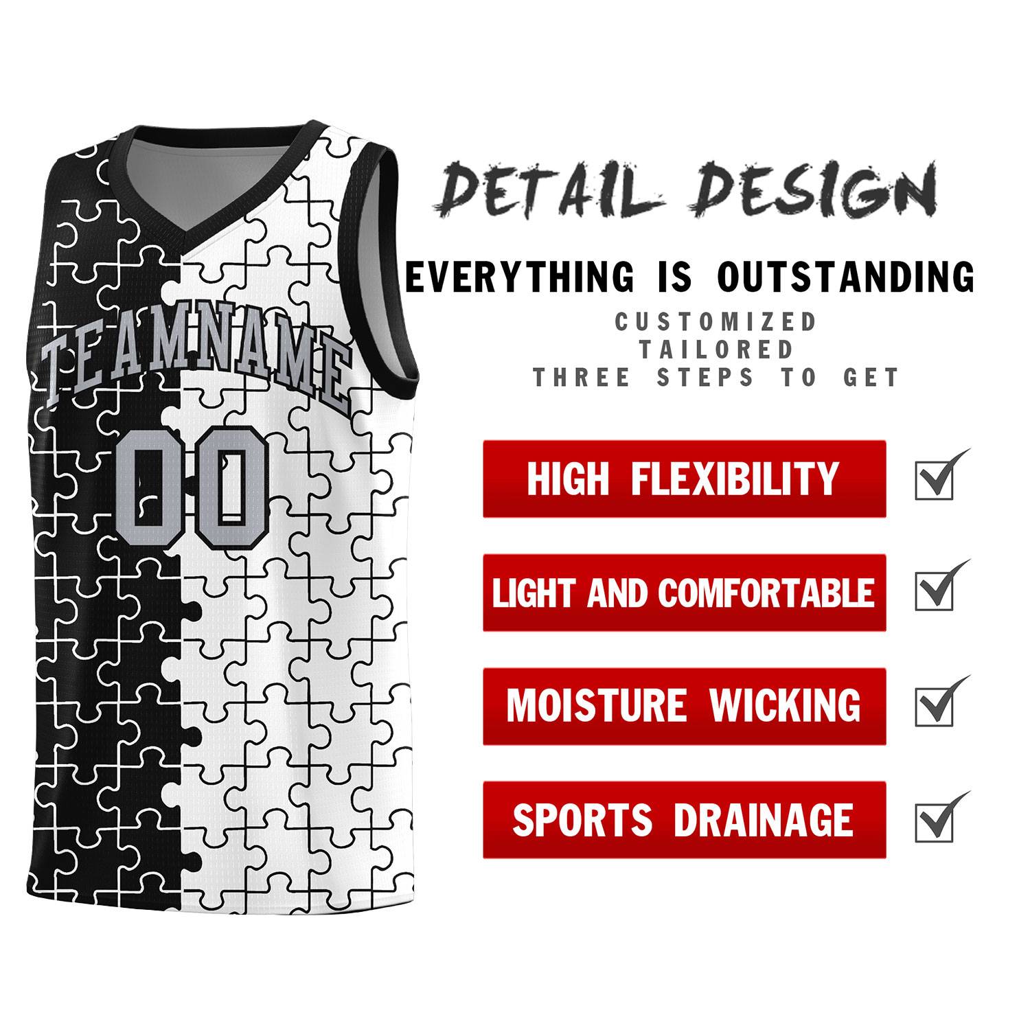Custom Youth Basketball Jersey Black White Puzzle Pattern Breathable Team Uniform