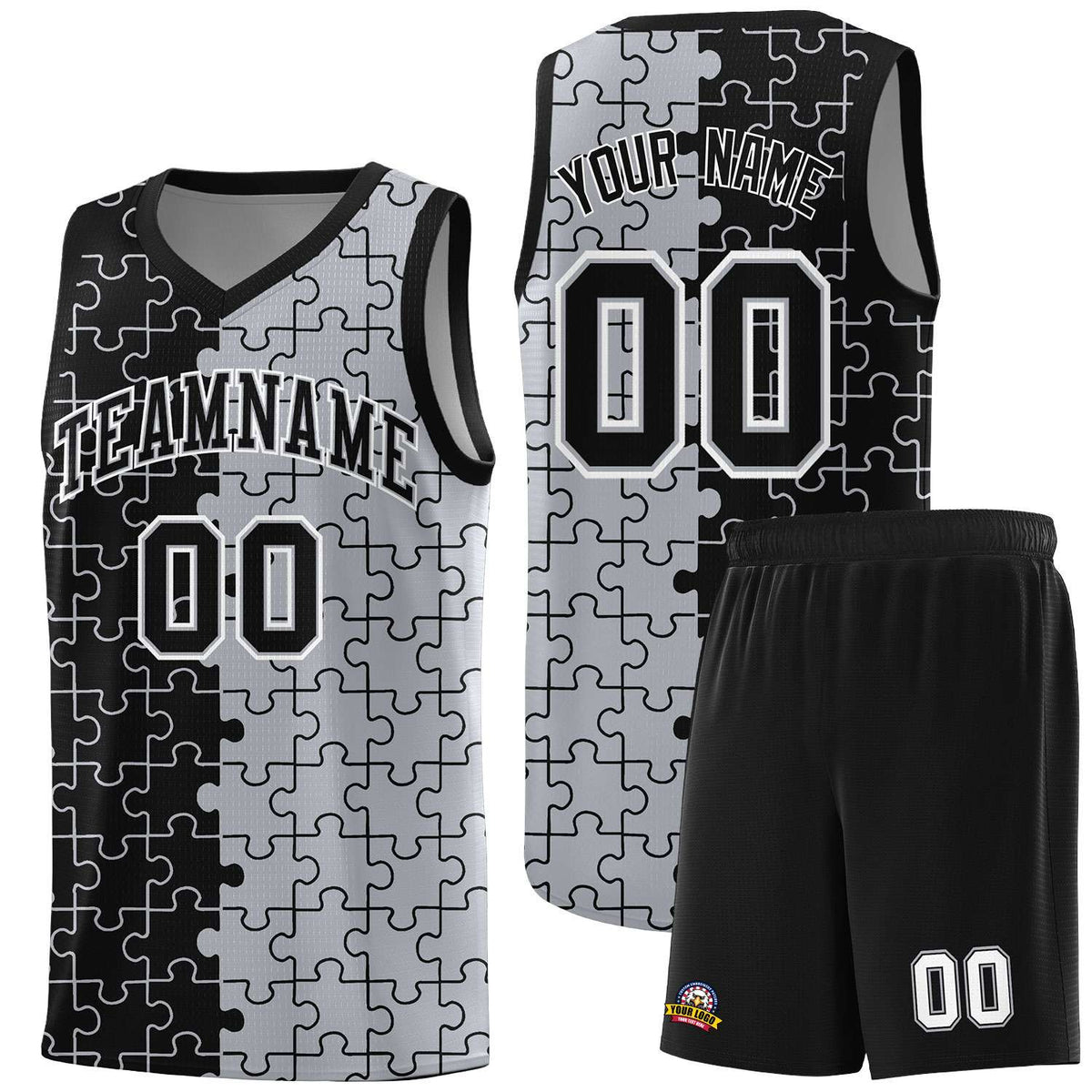 Custom Youth Basketball Jersey Black Gray Puzzle Pattern Moisture-Wicking Team Uniform
