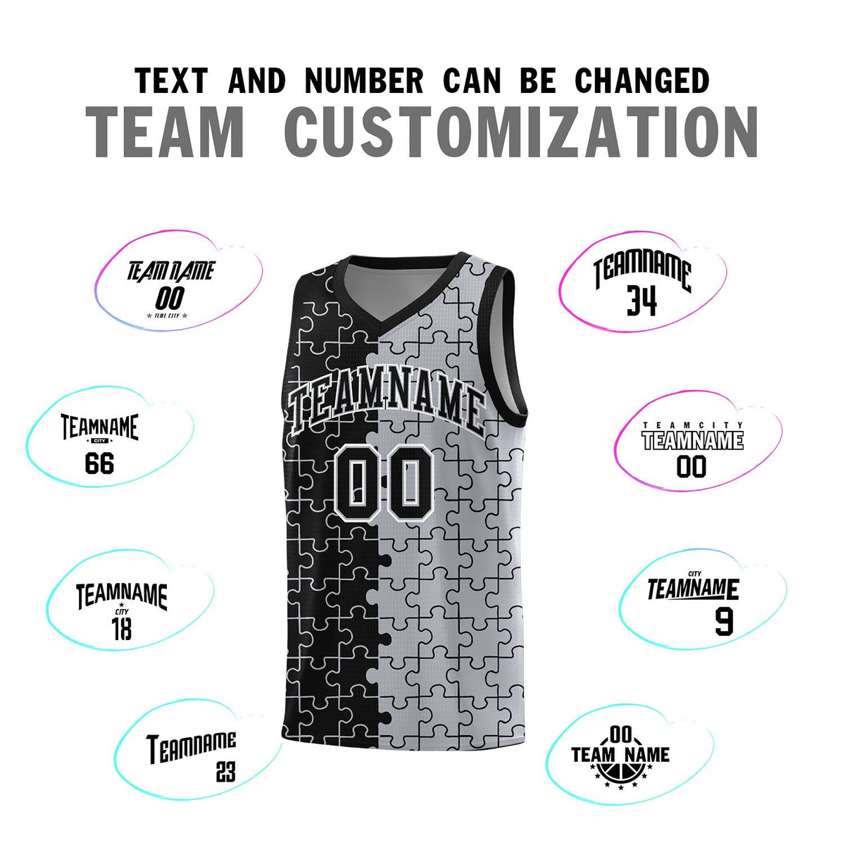Custom Youth Basketball Jersey Black Gray Puzzle Pattern Moisture-Wicking Team Uniform