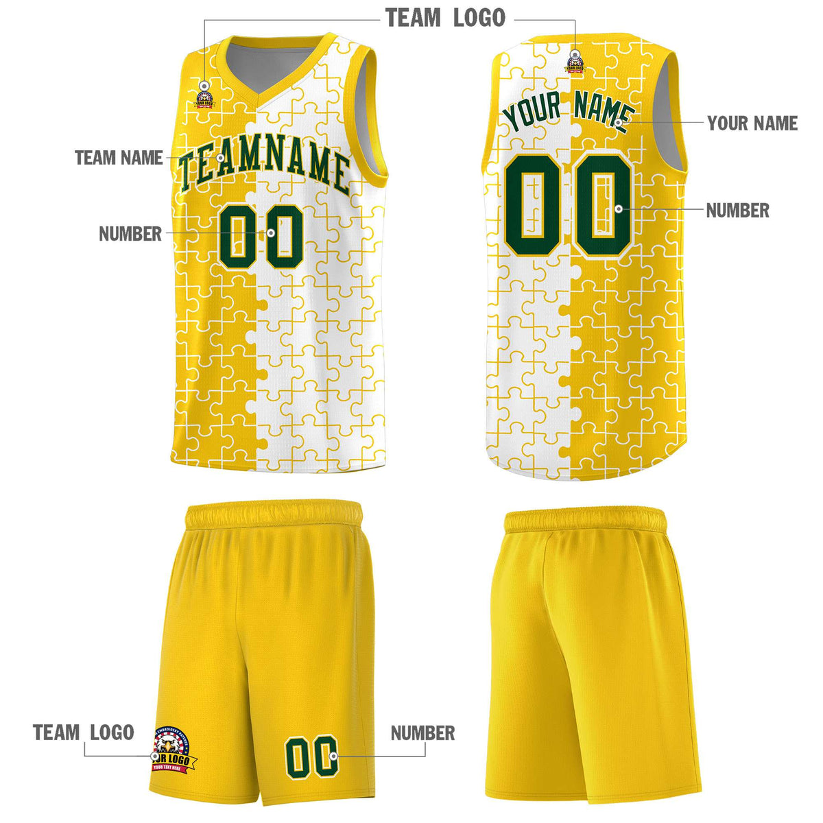 Custom Youth Basketball Jersey Gold White Puzzle Pattern Add Name, Number &amp; Team Logo