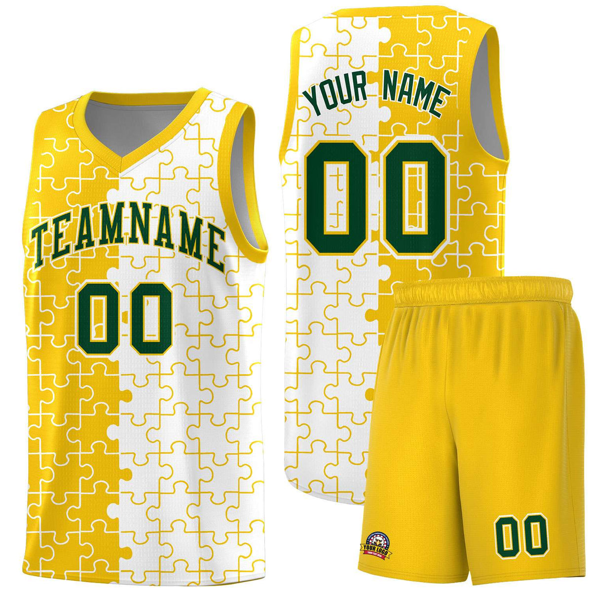Custom Youth Basketball Jersey Gold White Puzzle Pattern Add Name, Number &amp; Team Logo