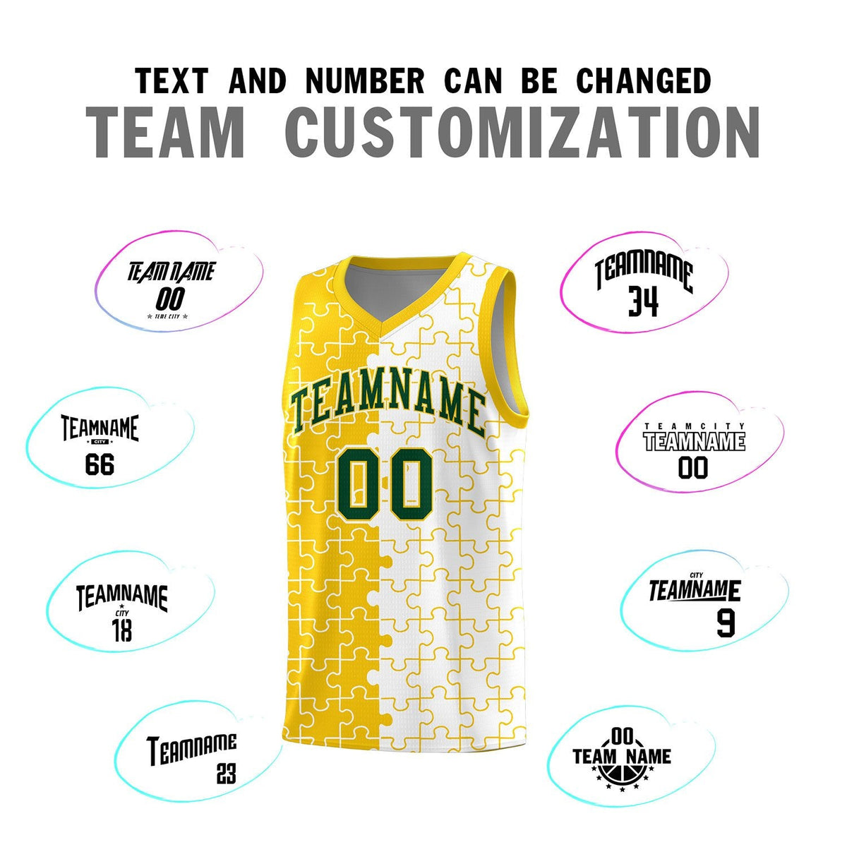 Custom Youth Basketball Jersey Gold White Puzzle Pattern Add Name, Number &amp; Team Logo