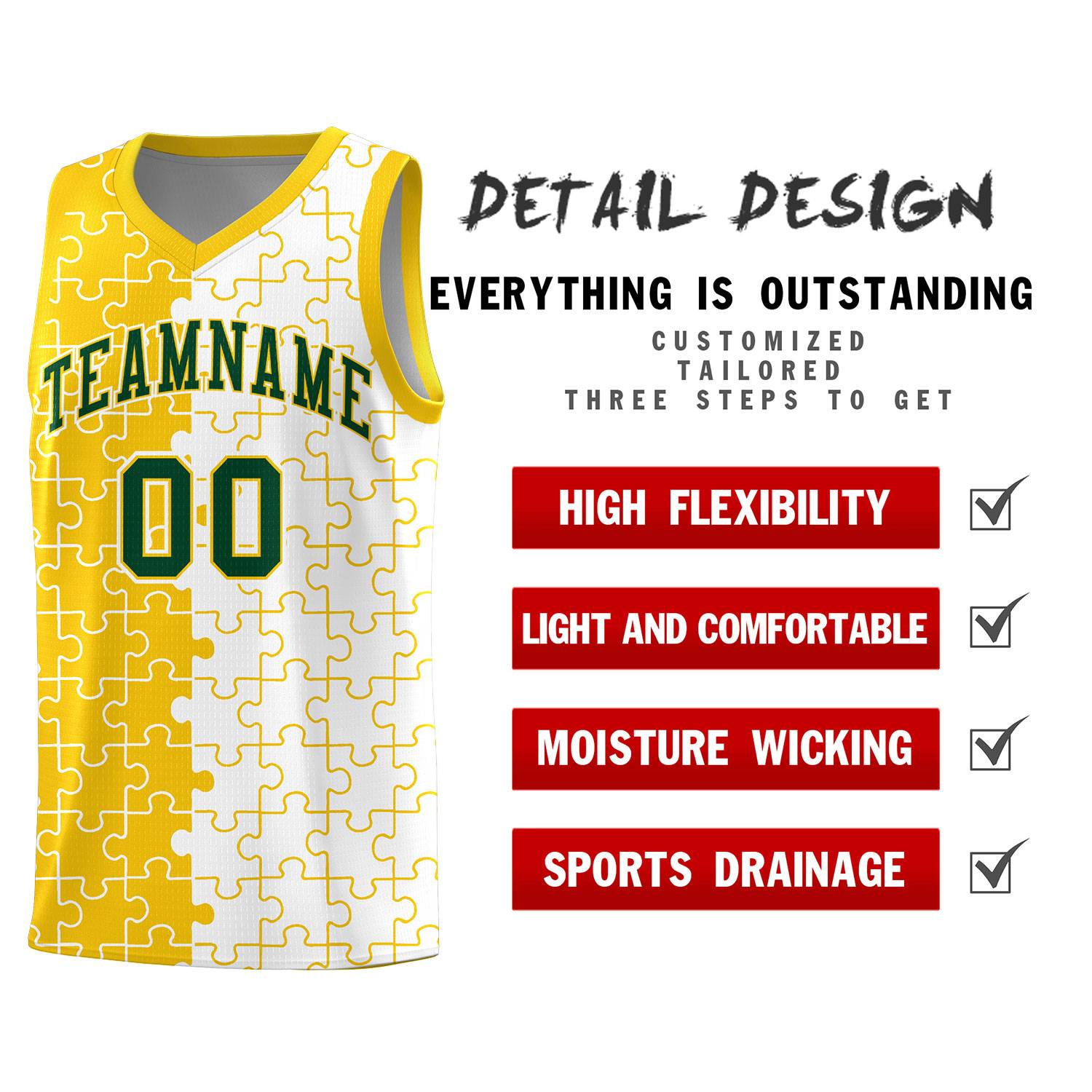Custom Youth Basketball Jersey Gold White Puzzle Pattern Add Name, Number & Team Logo