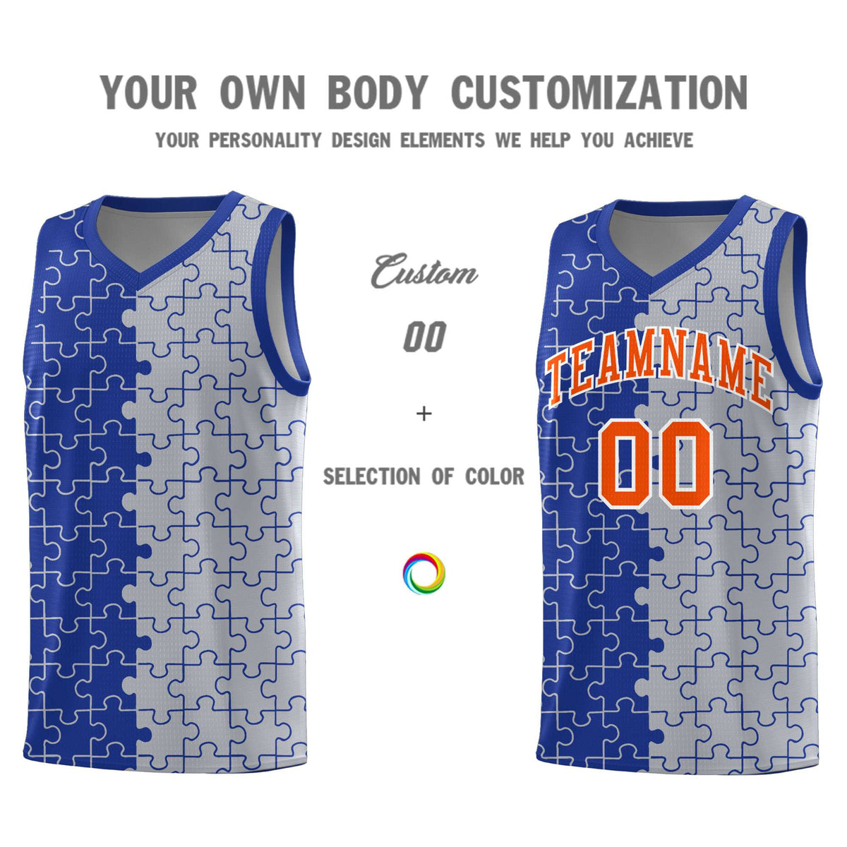 Custom Youth Basketball Jersey Royal Blue Gray Puzzle Pattern Moisture-Wicking Team Uniform
