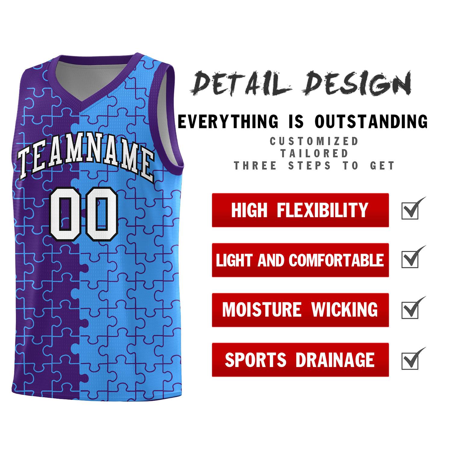 Custom Youth Basketball Jersey Purple Light Blue Puzzle Pattern Breathable Team Uniform