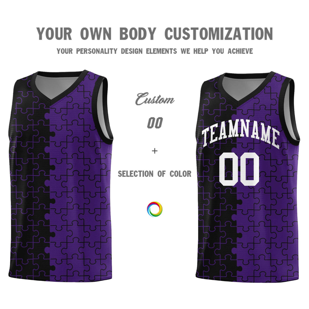 Custom Youth Basketball Jersey Black Purple Puzzle Pattern Moisture-Wicking Team Uniform
