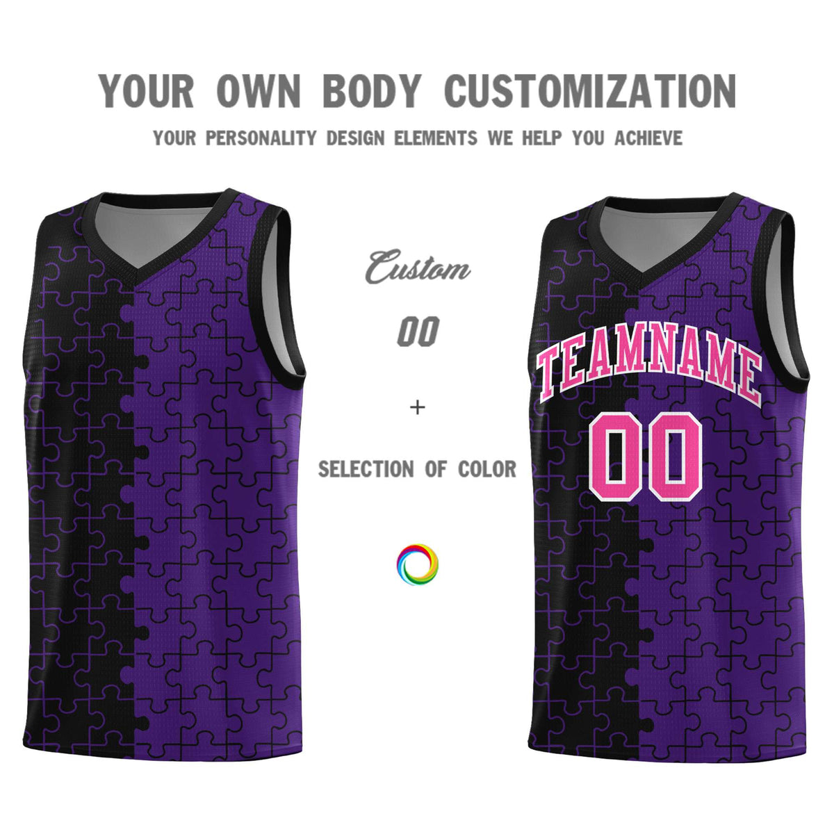 Custom Youth Basketball Jersey Black Purple Puzzle Pattern Personalized Team Uniform
